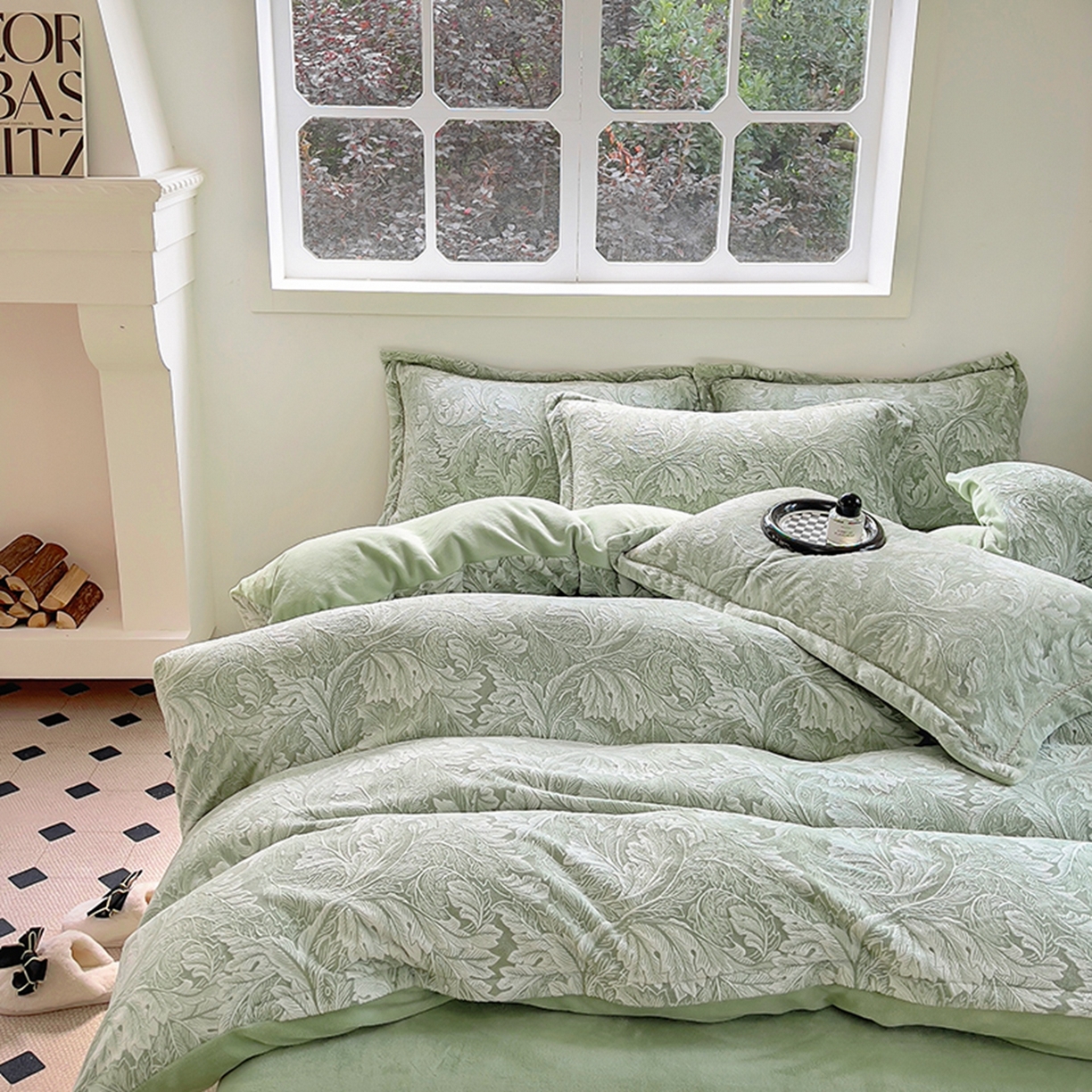 91家纺网 家纺一手货源 找家纺 昊川家纺 2025新款短毛绒牛奶绒立体雕花四件套 花影绿