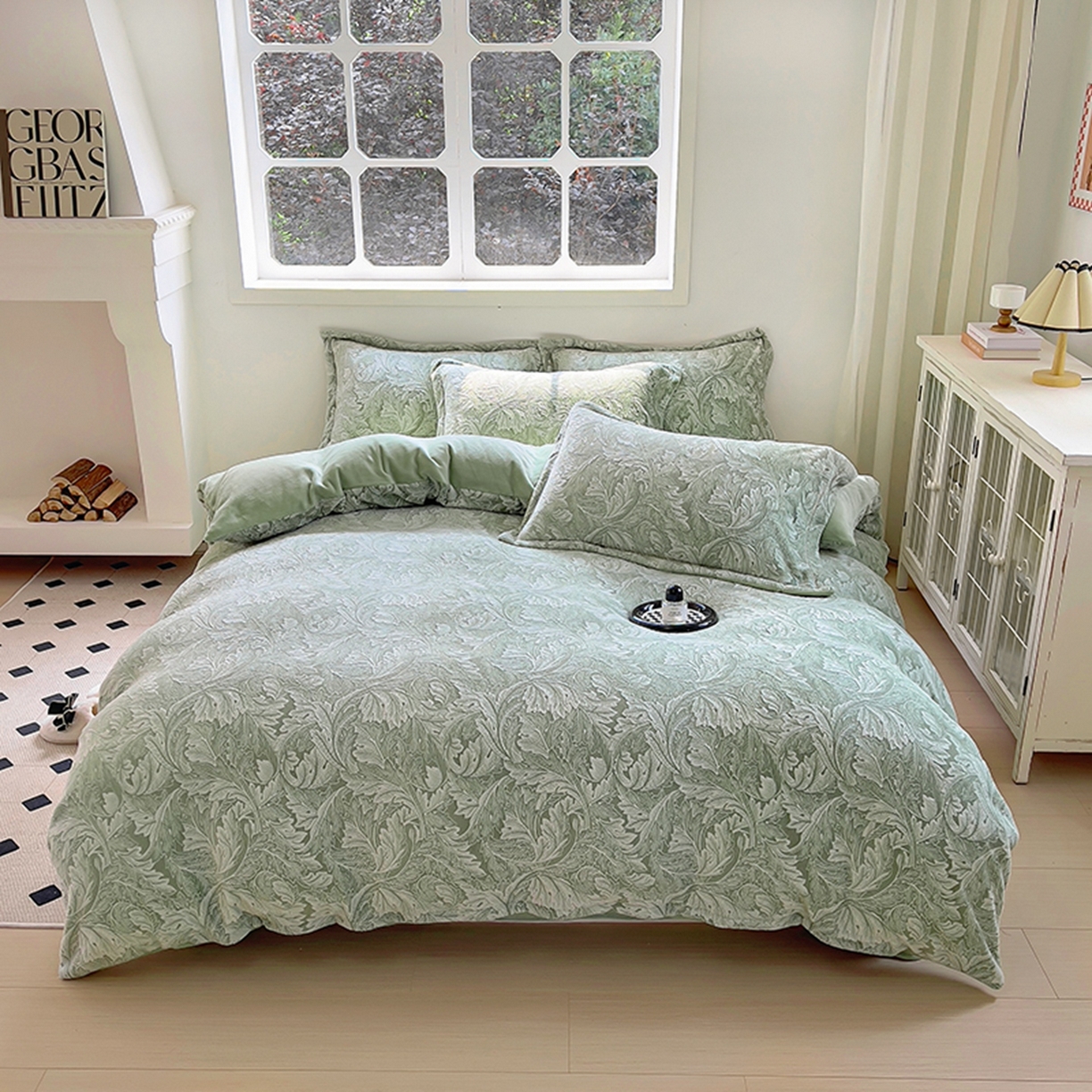 91家纺网 家纺一手货源 找家纺 昊川家纺 2025新款短毛绒牛奶绒立体雕花四件套 花影绿