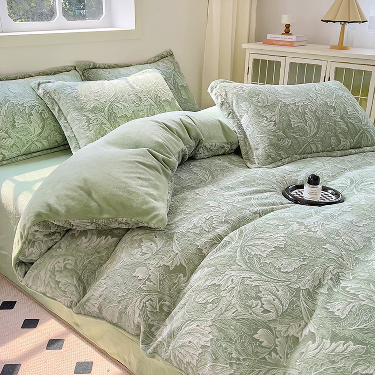 91家纺网 家纺一手货源 找家纺 昊川家纺 2025新款短毛绒牛奶绒立体雕花四件套 花影绿