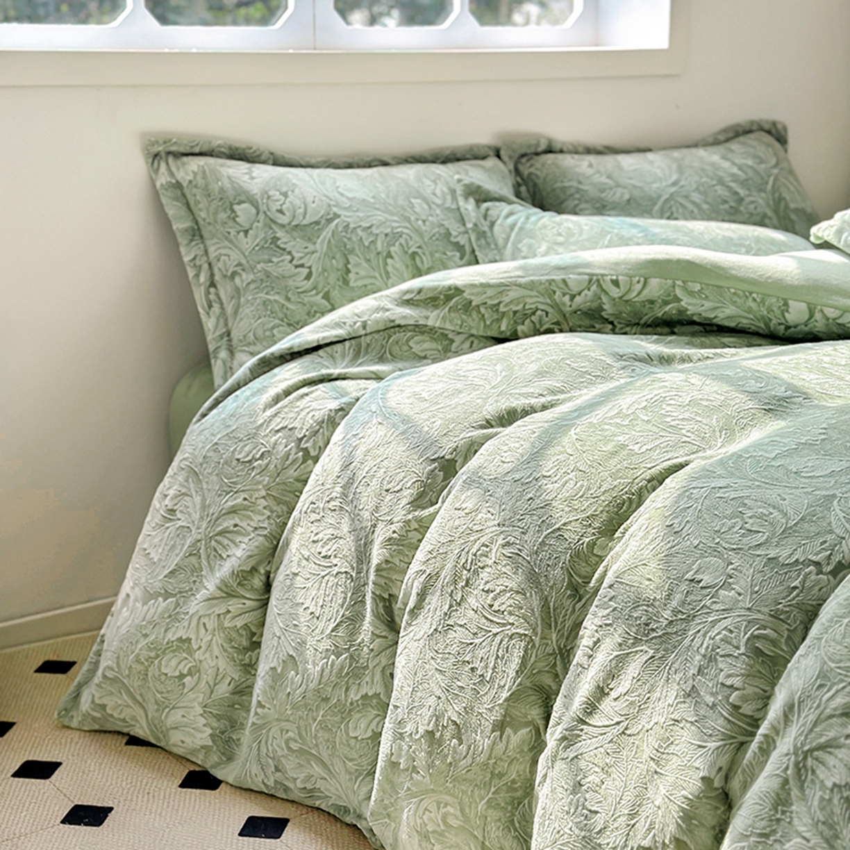 91家纺网 家纺一手货源 找家纺 昊川家纺 2025新款短毛绒牛奶绒立体雕花四件套 花影绿