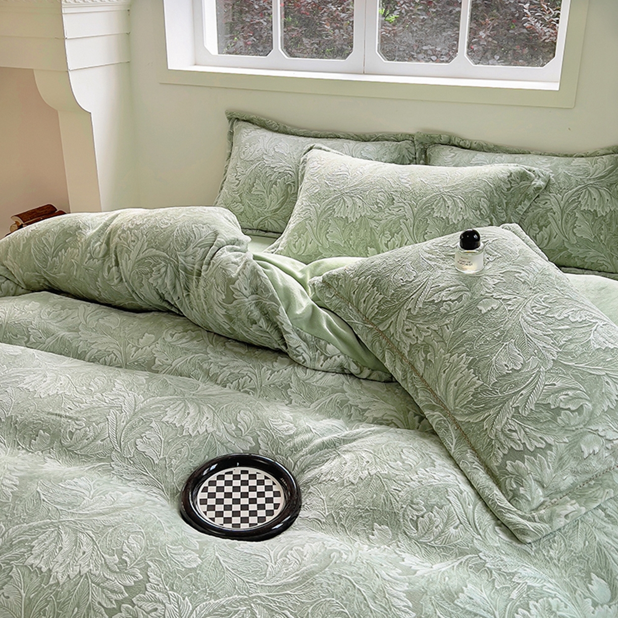 91家纺网 家纺一手货源 找家纺 昊川家纺 2025新款短毛绒牛奶绒立体雕花四件套 花影绿