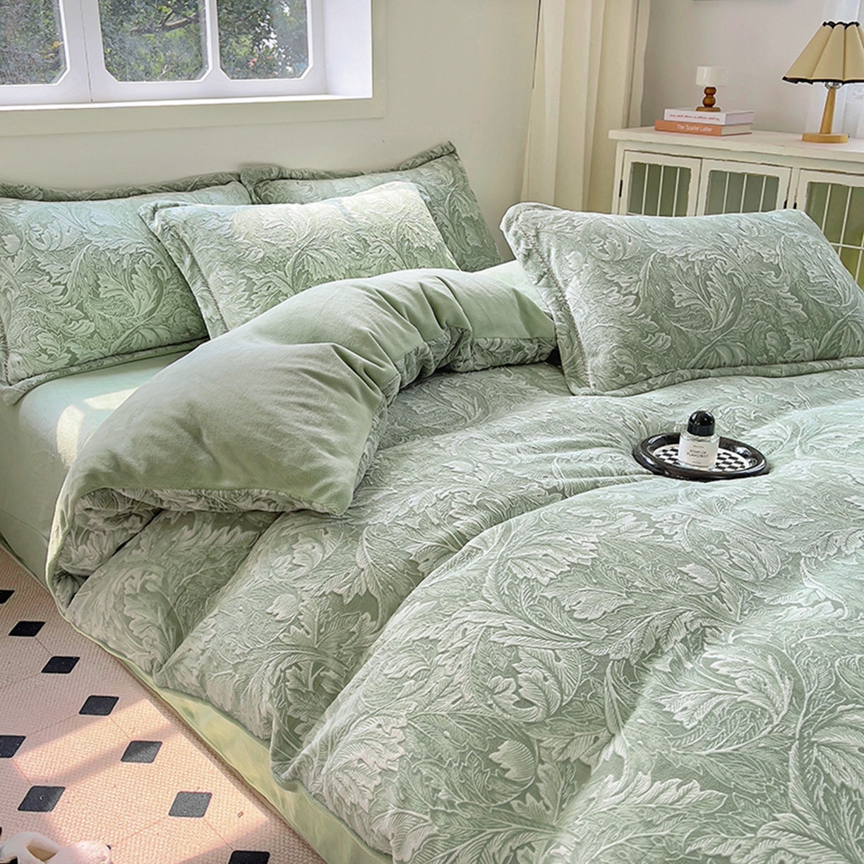 91家纺网 家纺一手货源 找家纺 昊川家纺 2025新款短毛绒牛奶绒立体雕花四件套 花影绿