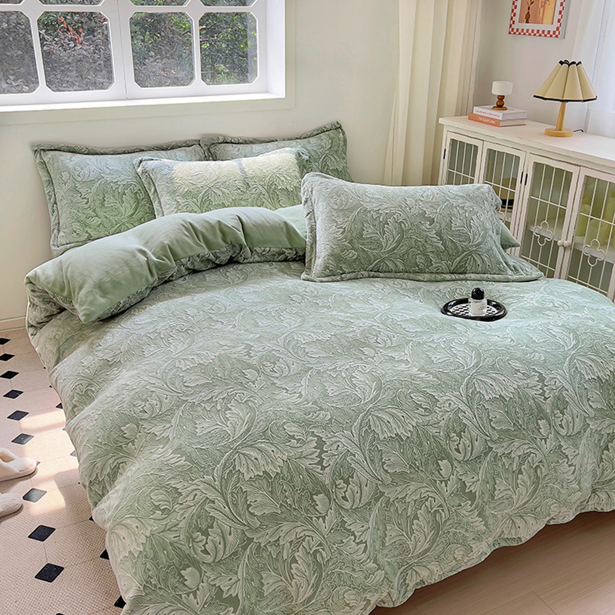 91家纺网 家纺一手货源 找家纺 昊川家纺 2025新款短毛绒牛奶绒立体雕花四件套 花影绿