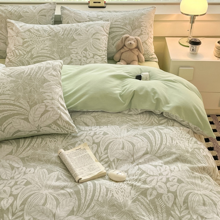 91家纺网 家纺一手货源 找家纺 瑞莱 2025新款纯棉磨毛印花四件套 热带雨林