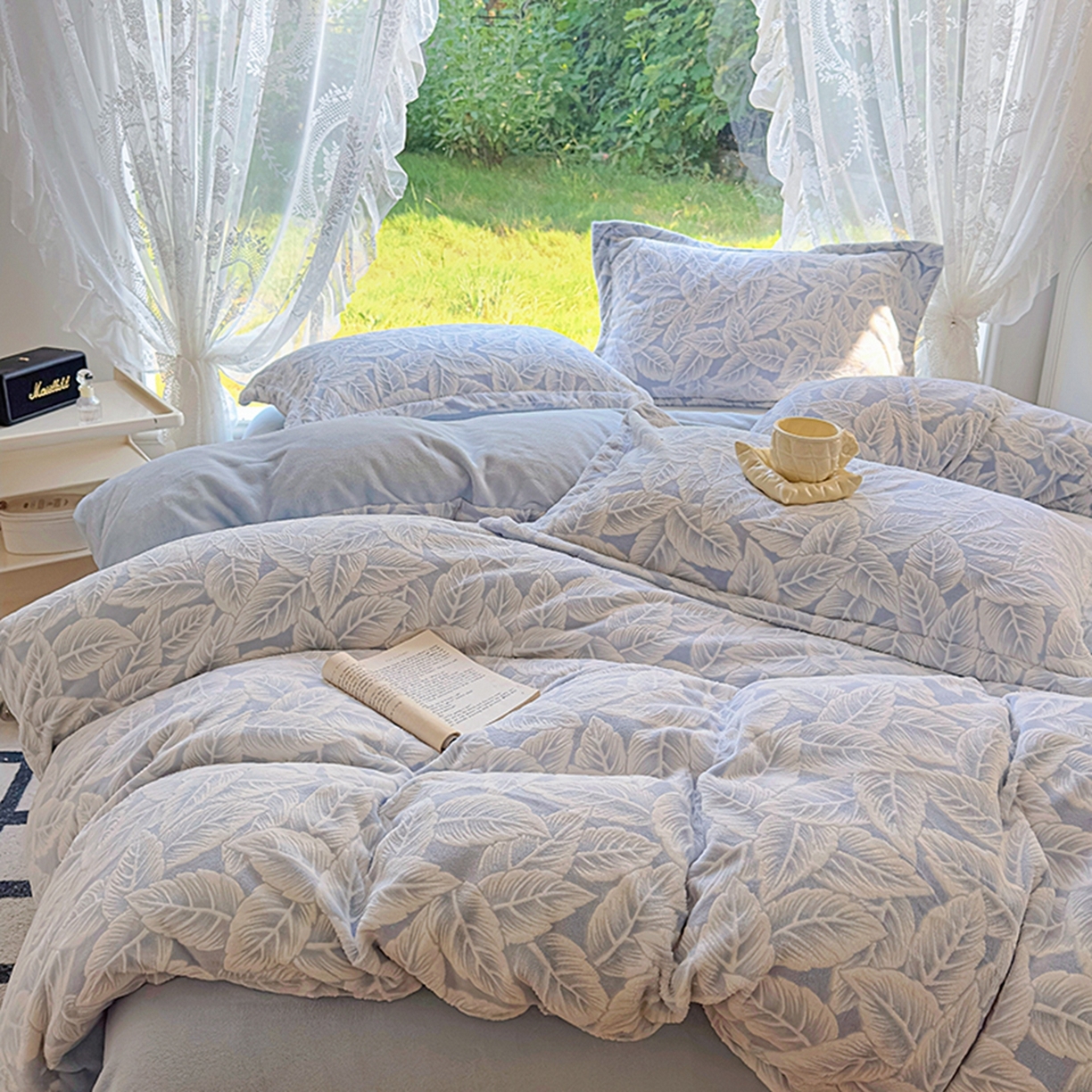 91家纺网 家纺一手货源 找家纺 昊川家纺 2025新款短毛绒牛奶绒立体雕花四件套 叶之恋-蓝