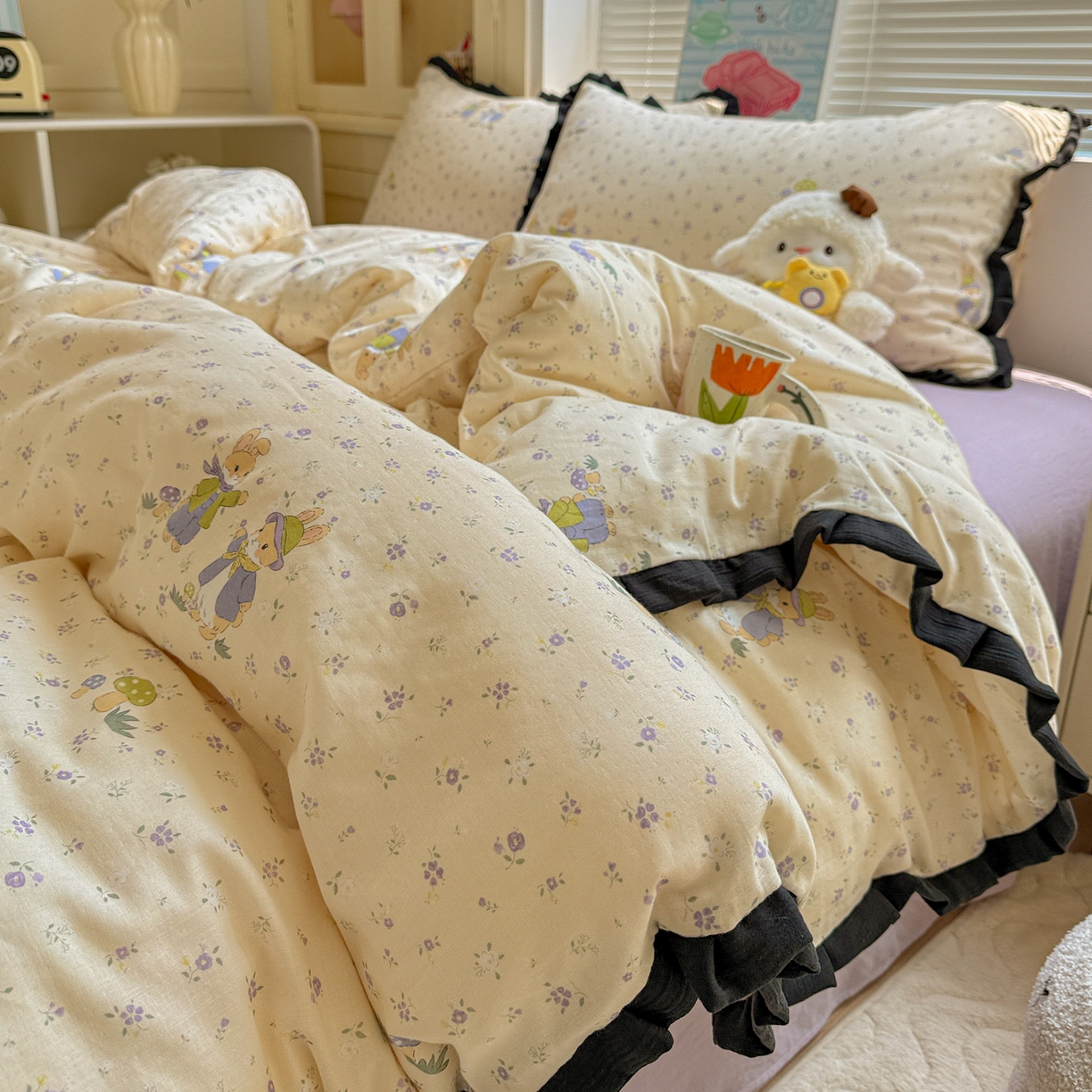 91家纺网 家纺一手货源 找家纺 （总）喜颜 2025新款超柔水洗双层纱皱皱纱花边四件套