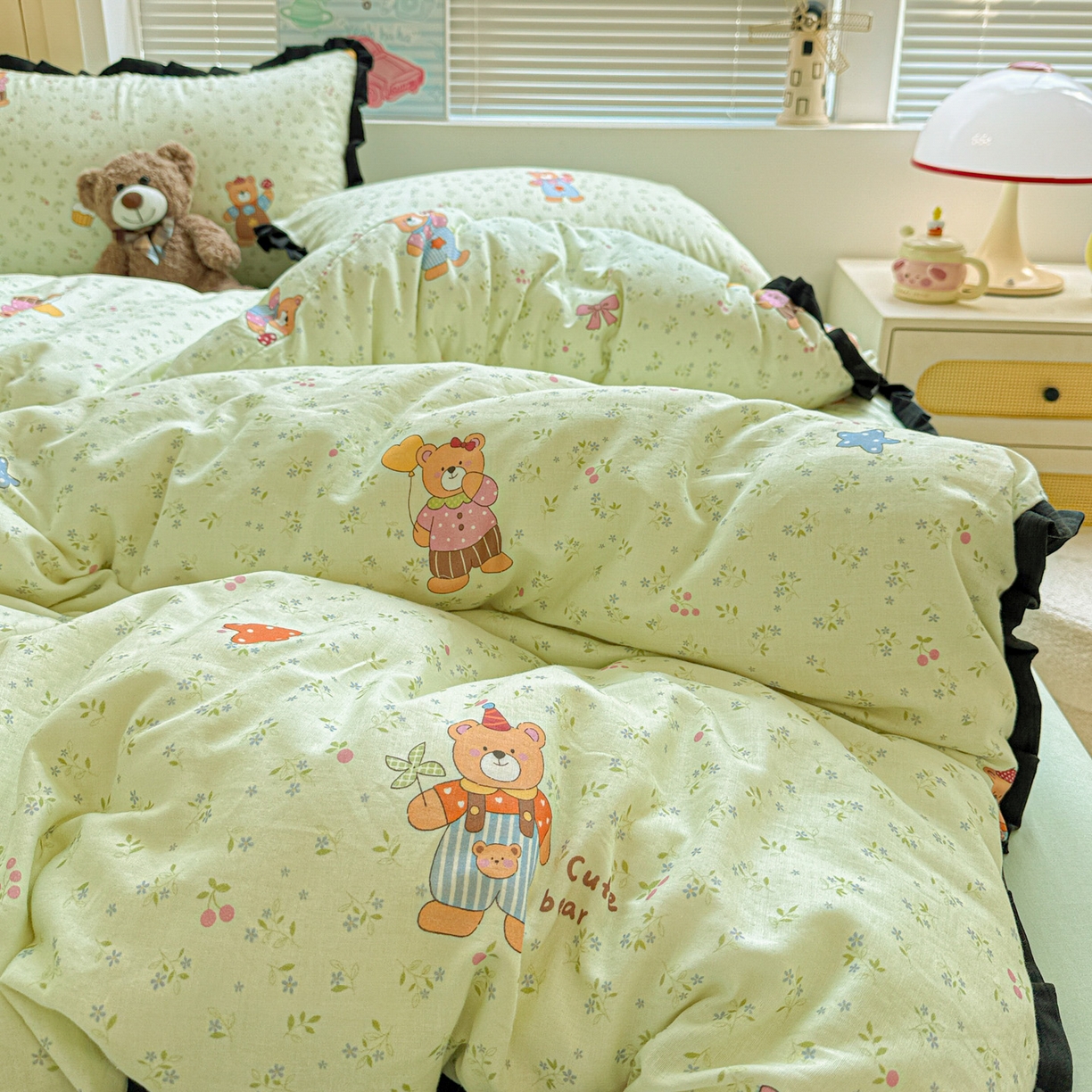 91家纺网 家纺一手货源 找家纺 （总）喜颜 2025新款超柔水洗双层纱皱皱纱花边四件套