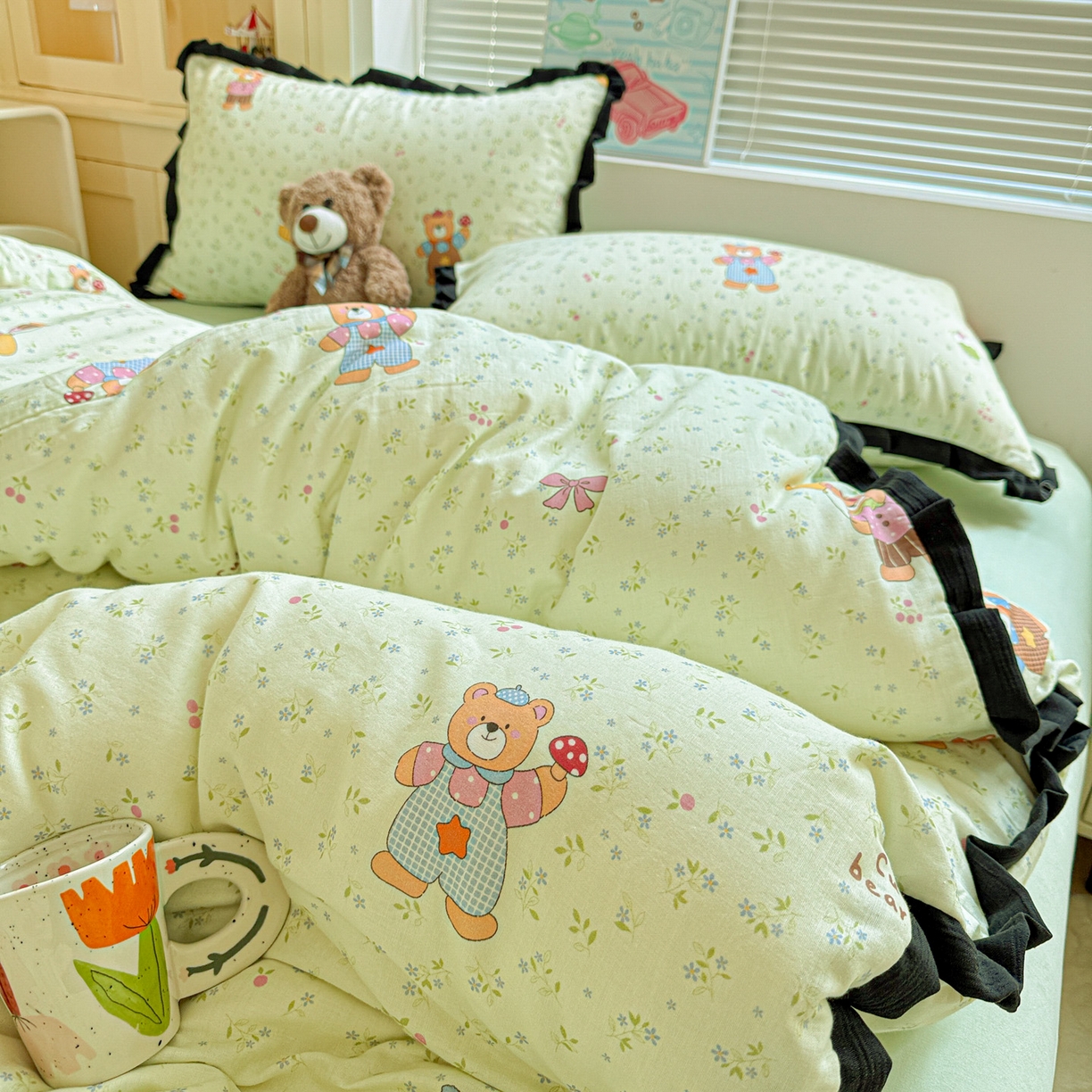 91家纺网 家纺一手货源 找家纺 （总）喜颜 2025新款超柔水洗双层纱皱皱纱花边四件套