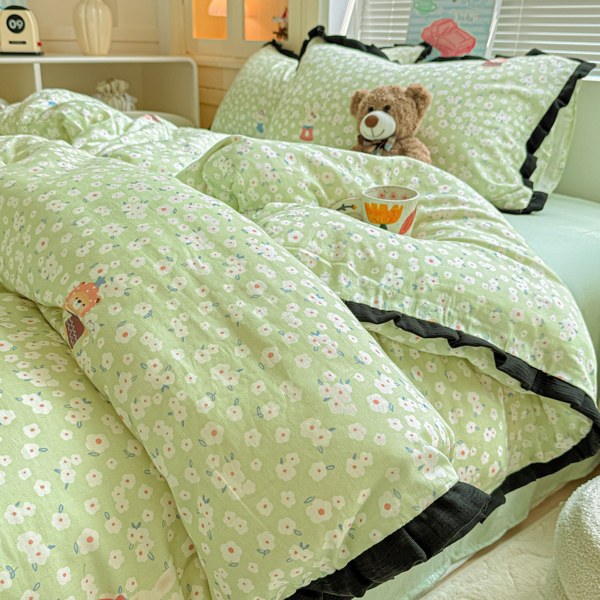 91家纺网 家纺一手货源 找家纺 （总）喜颜 2025新款超柔水洗双层纱皱皱纱花边四件套