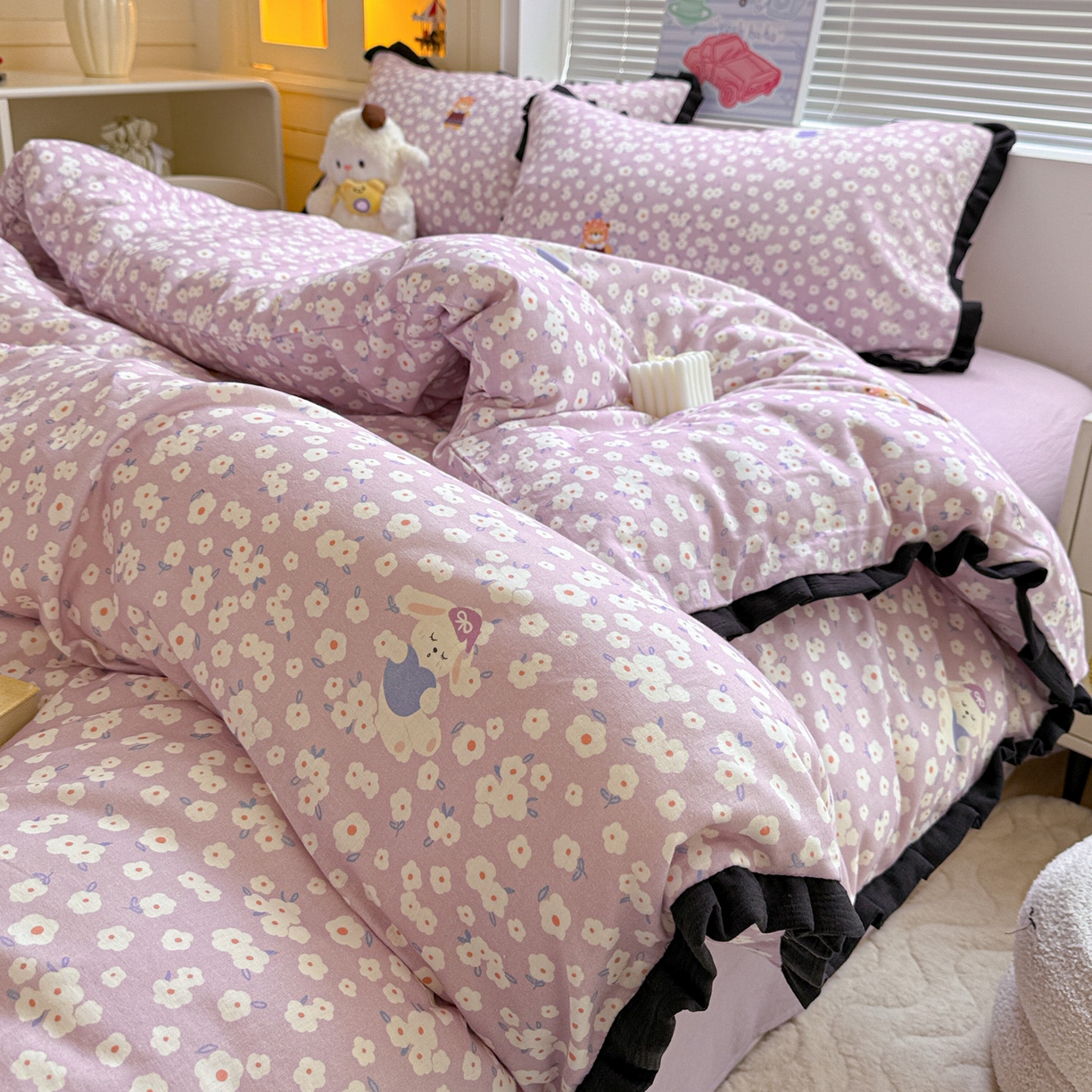 91家纺网 家纺一手货源 找家纺 （总）喜颜 2025新款超柔水洗双层纱皱皱纱花边四件套