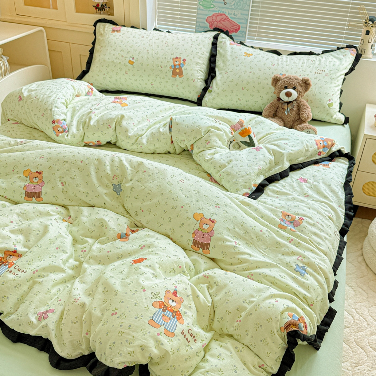 91家纺网 家纺一手货源 找家纺 （总）喜颜 2025新款超柔水洗双层纱皱皱纱花边四件套