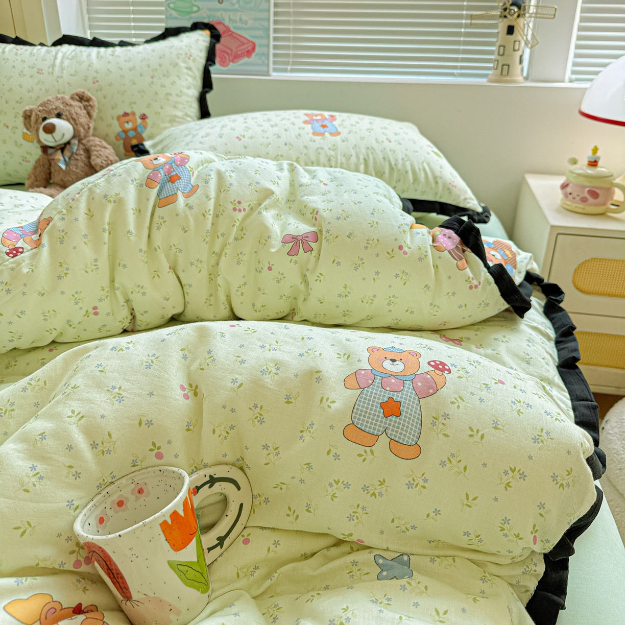 91家纺网 家纺一手货源 找家纺 （总）喜颜 2025新款超柔水洗双层纱皱皱纱花边四件套