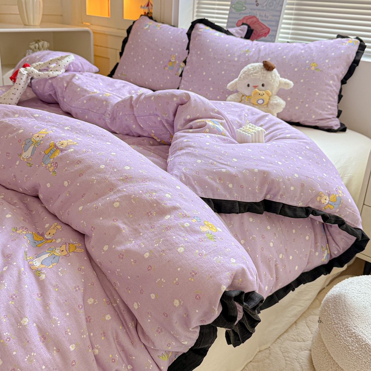 91家纺网 家纺一手货源 找家纺 （总）喜颜 2025新款超柔水洗双层纱皱皱纱花边四件套