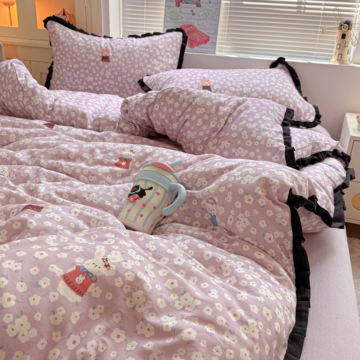 91家纺网 家纺一手货源 找家纺 喜颜 2025新款超柔水洗双层纱皱皱纱花边四件套 兔软软-紫