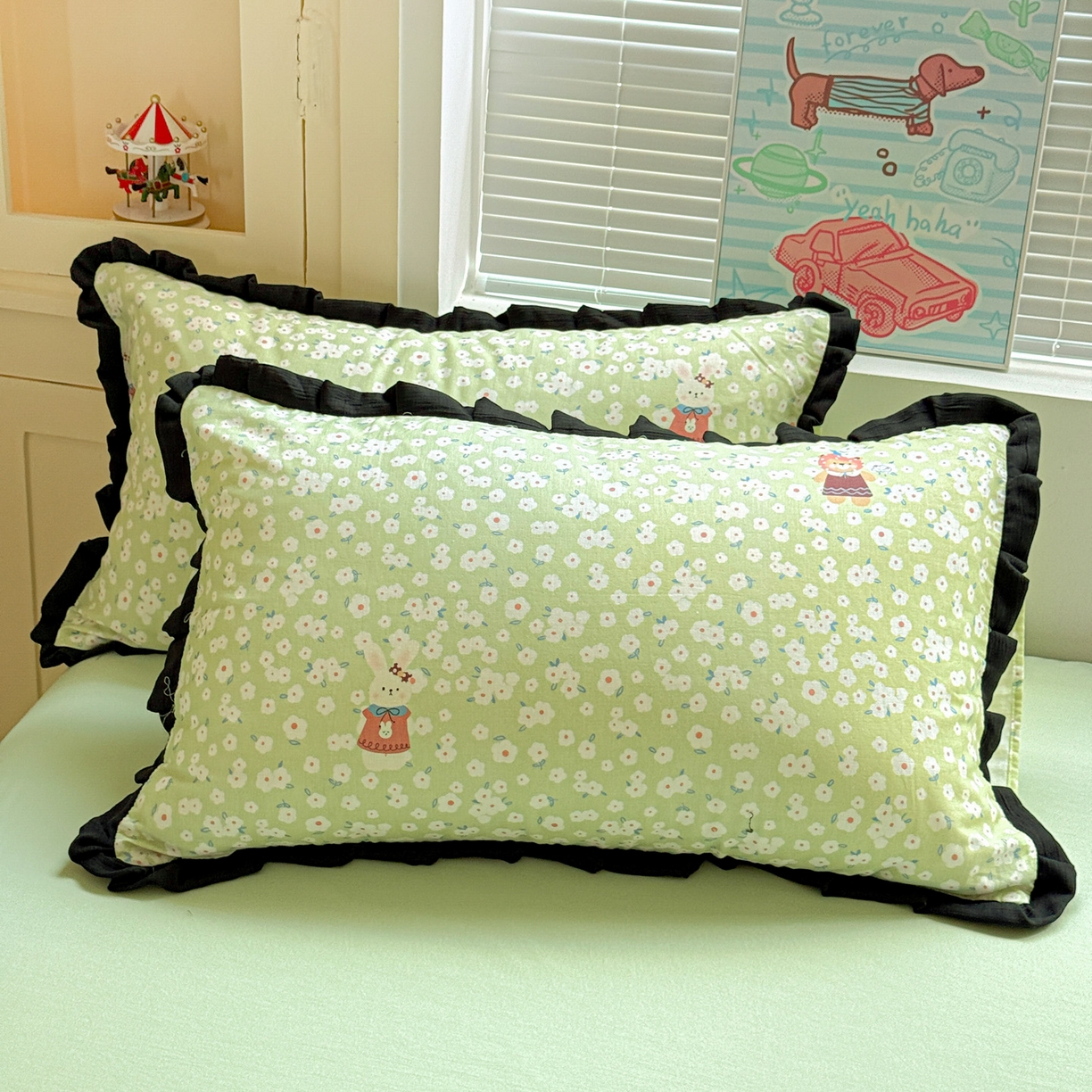 91家纺网 家纺一手货源 找家纺 喜颜 2025新款超柔水洗双层纱皱皱纱花边四件套 兔软软-绿