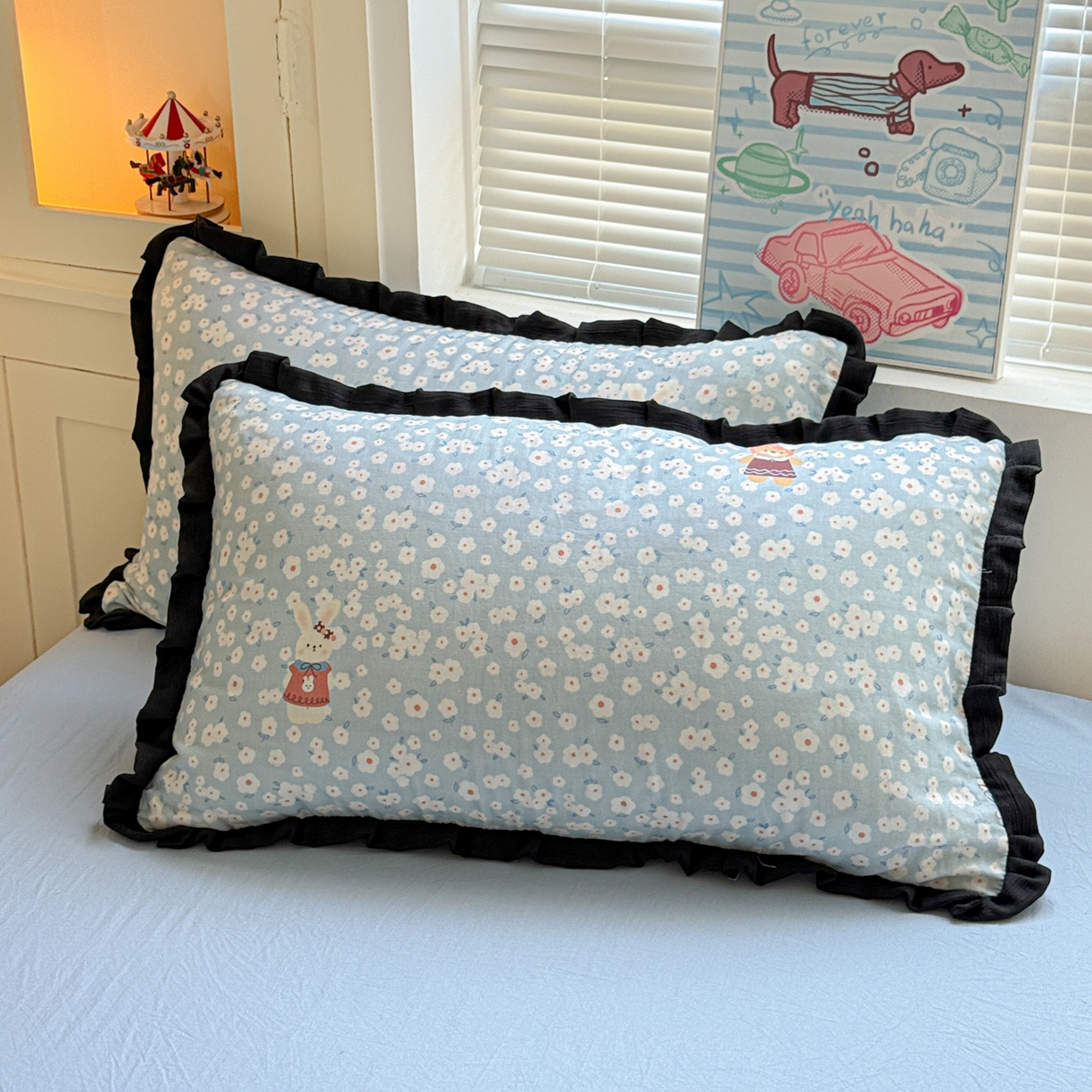 91家纺网 家纺一手货源 找家纺 喜颜 2025新款超柔水洗双层纱皱皱纱花边四件套 兔软软-蓝