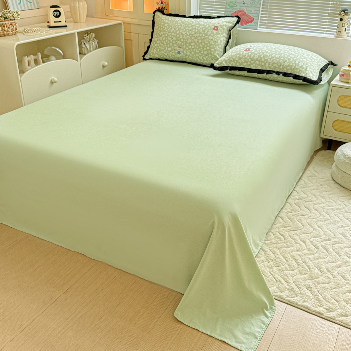 91家纺网 家纺一手货源 找家纺 喜颜 2025新款超柔水洗双层纱皱皱纱花边四件套 兔软软-绿