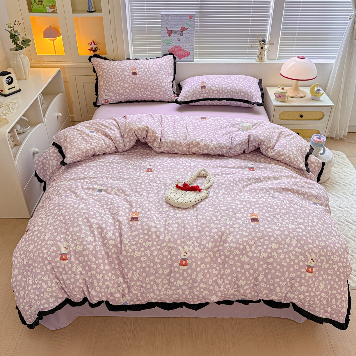 91家纺网 家纺一手货源 找家纺 喜颜 2025新款超柔水洗双层纱皱皱纱花边四件套 兔软软-紫