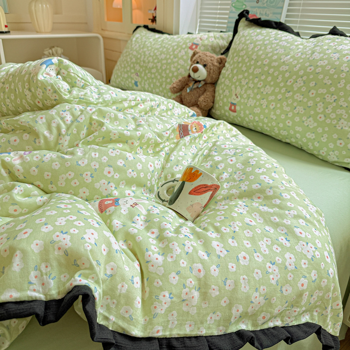 91家纺网 家纺一手货源 找家纺 喜颜 2025新款超柔水洗双层纱皱皱纱花边四件套 兔软软-绿