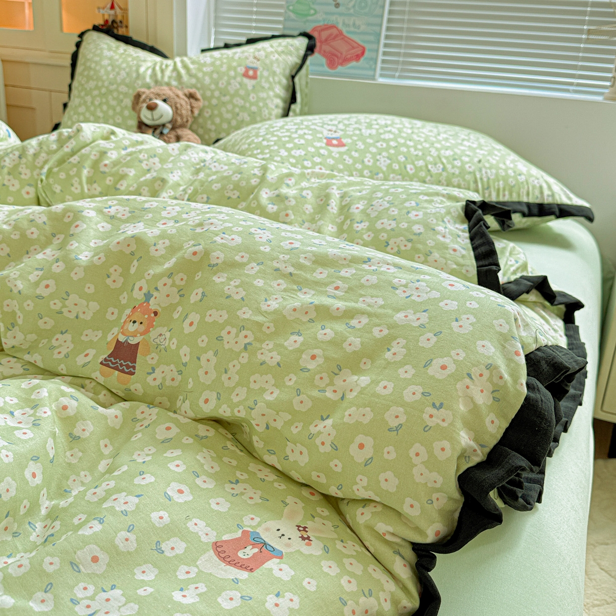 91家纺网 家纺一手货源 找家纺 喜颜 2025新款超柔水洗双层纱皱皱纱花边四件套 兔软软-绿