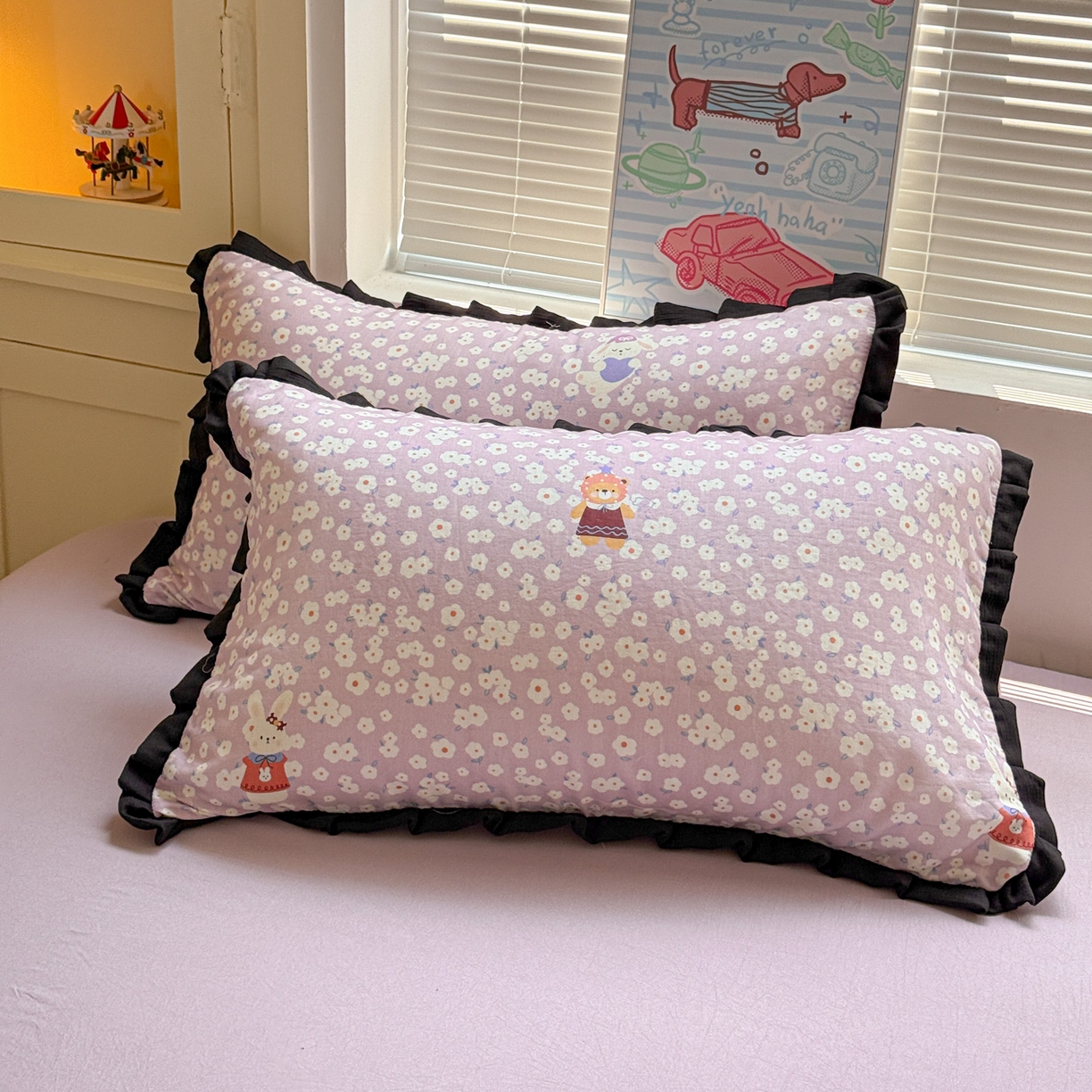 91家纺网 家纺一手货源 找家纺 喜颜 2025新款超柔水洗双层纱皱皱纱花边四件套 兔软软-紫