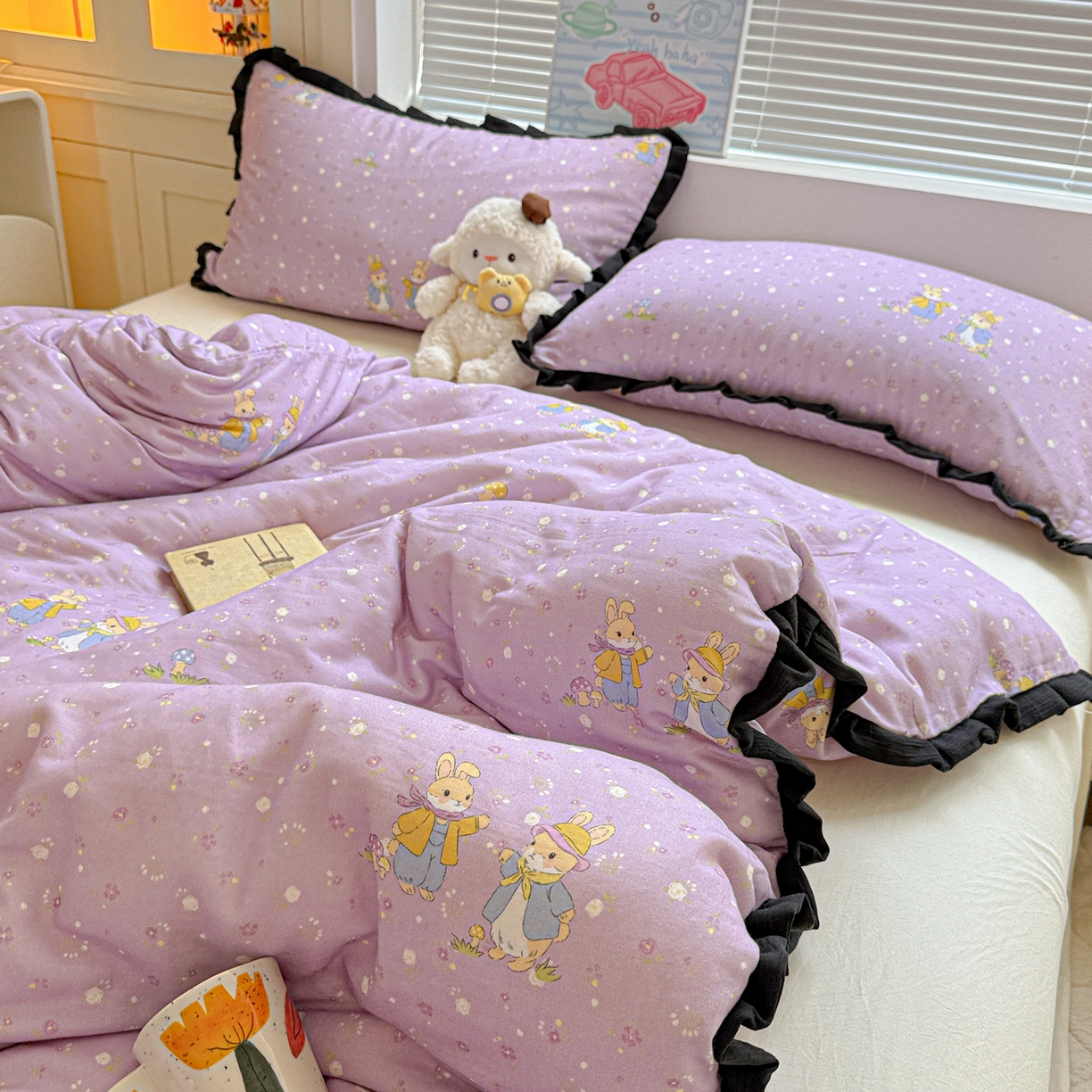 91家纺网 家纺一手货源 找家纺 喜颜 2025新款超柔水洗双层纱皱皱纱花边四件套 萌兔花园-紫