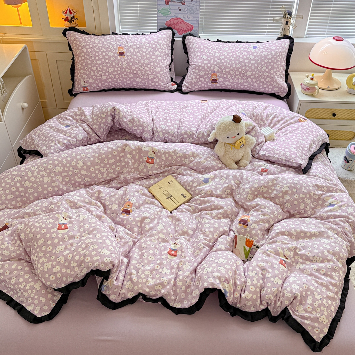 91家纺网 家纺一手货源 找家纺 喜颜 2025新款超柔水洗双层纱皱皱纱花边四件套 兔软软-紫