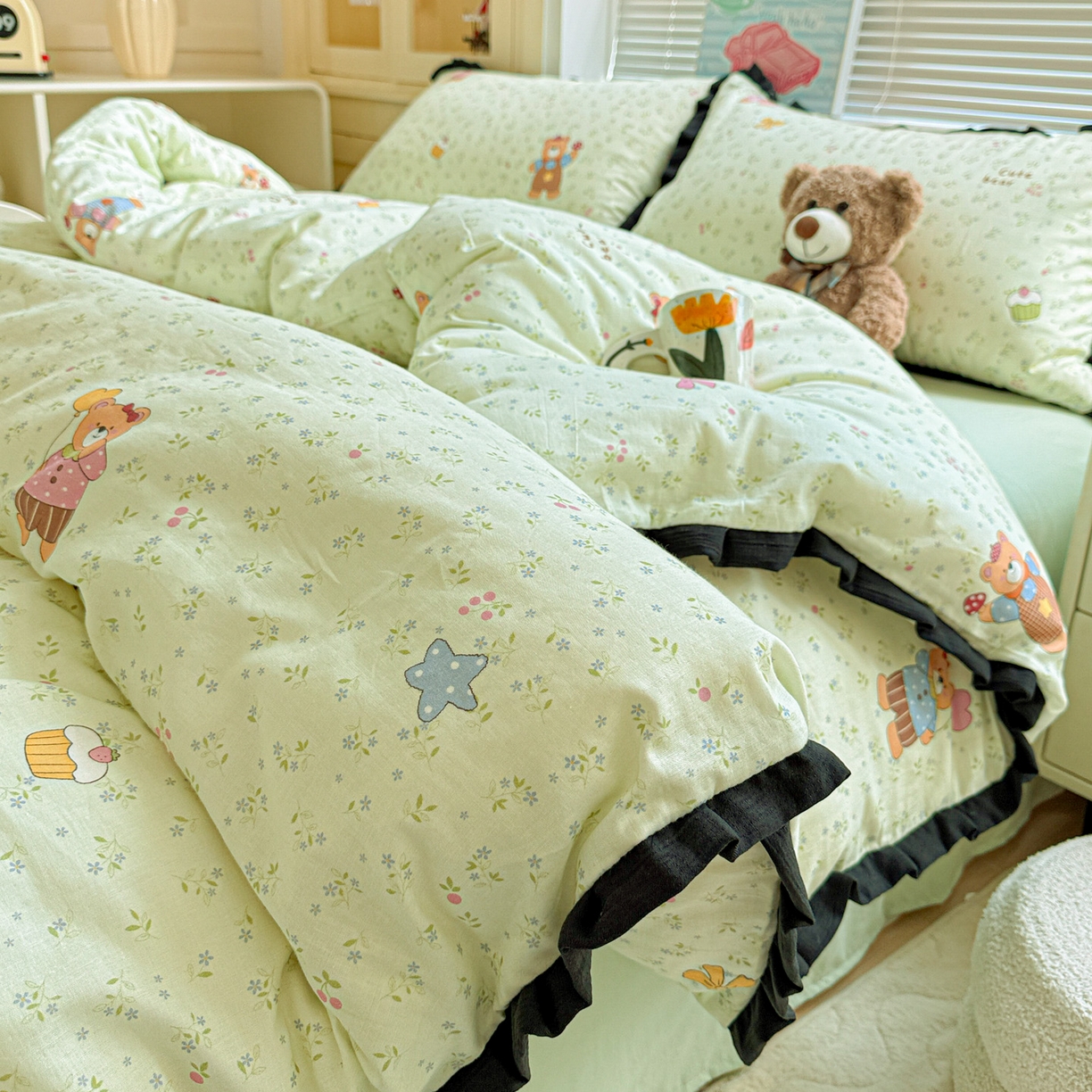 喜颜 2025新款超柔水洗双层纱皱皱纱花边四件套 贝尔小熊