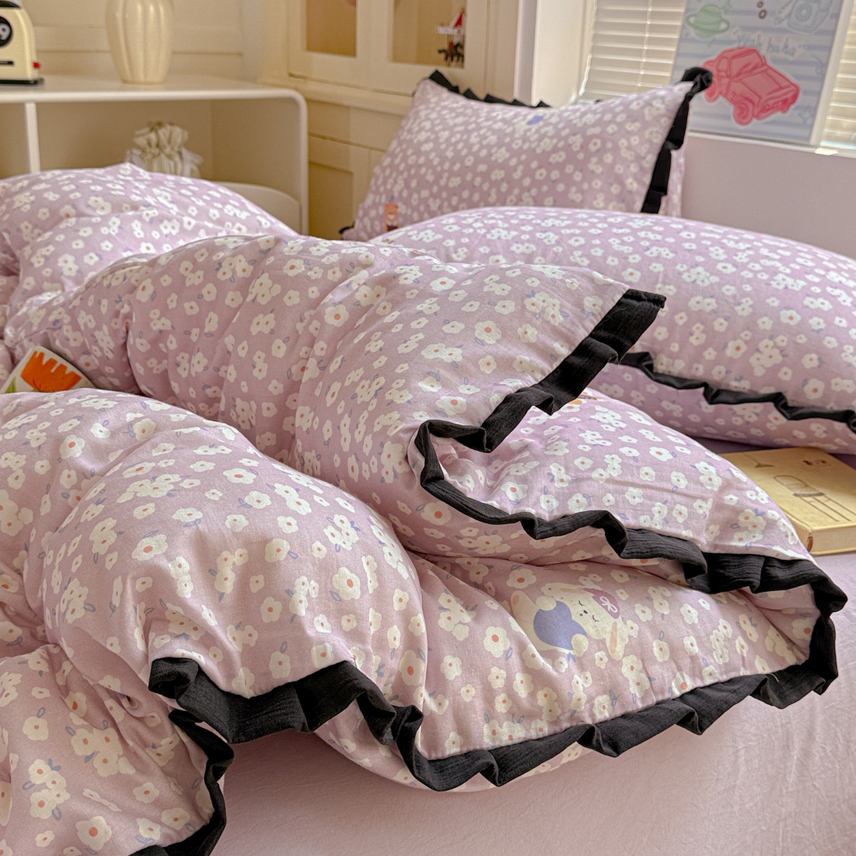 91家纺网 家纺一手货源 找家纺 喜颜 2025新款超柔水洗双层纱皱皱纱花边四件套 兔软软-紫