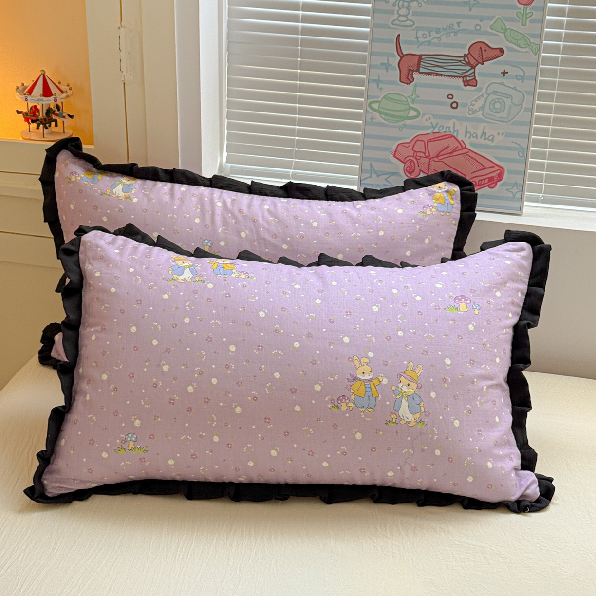 91家纺网 家纺一手货源 找家纺 喜颜 2025新款超柔水洗双层纱皱皱纱花边四件套 萌兔花园-紫