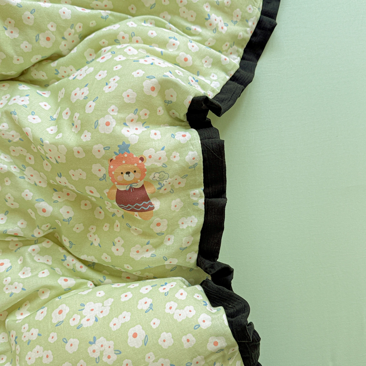 91家纺网 家纺一手货源 找家纺 喜颜 2025新款超柔水洗双层纱皱皱纱花边四件套 兔软软-绿