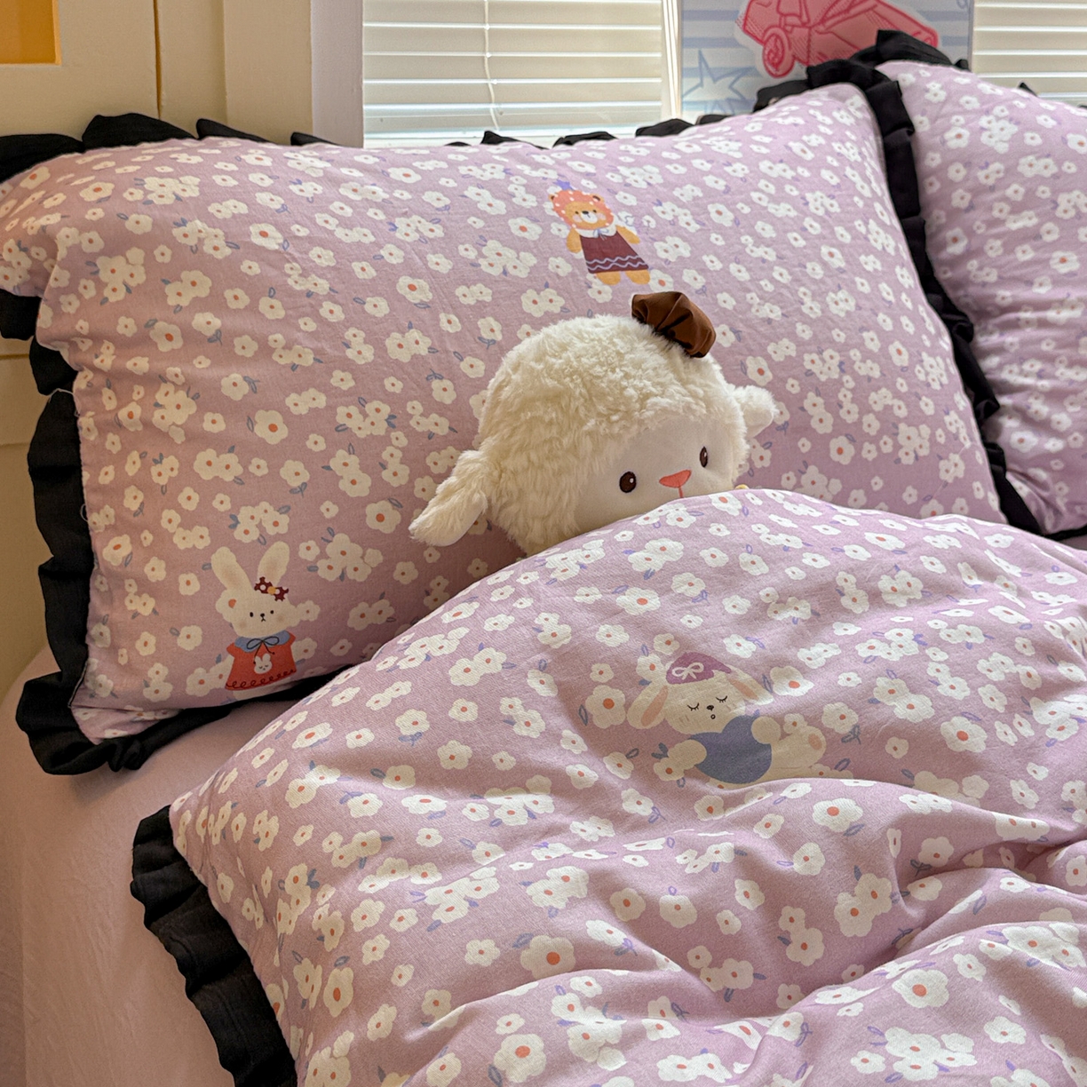 91家纺网 家纺一手货源 找家纺 喜颜 2025新款超柔水洗双层纱皱皱纱花边四件套 兔软软-紫