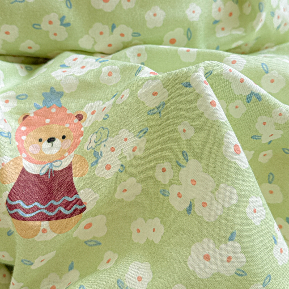 91家纺网 家纺一手货源 找家纺 喜颜 2025新款超柔水洗双层纱皱皱纱花边四件套 兔软软-绿