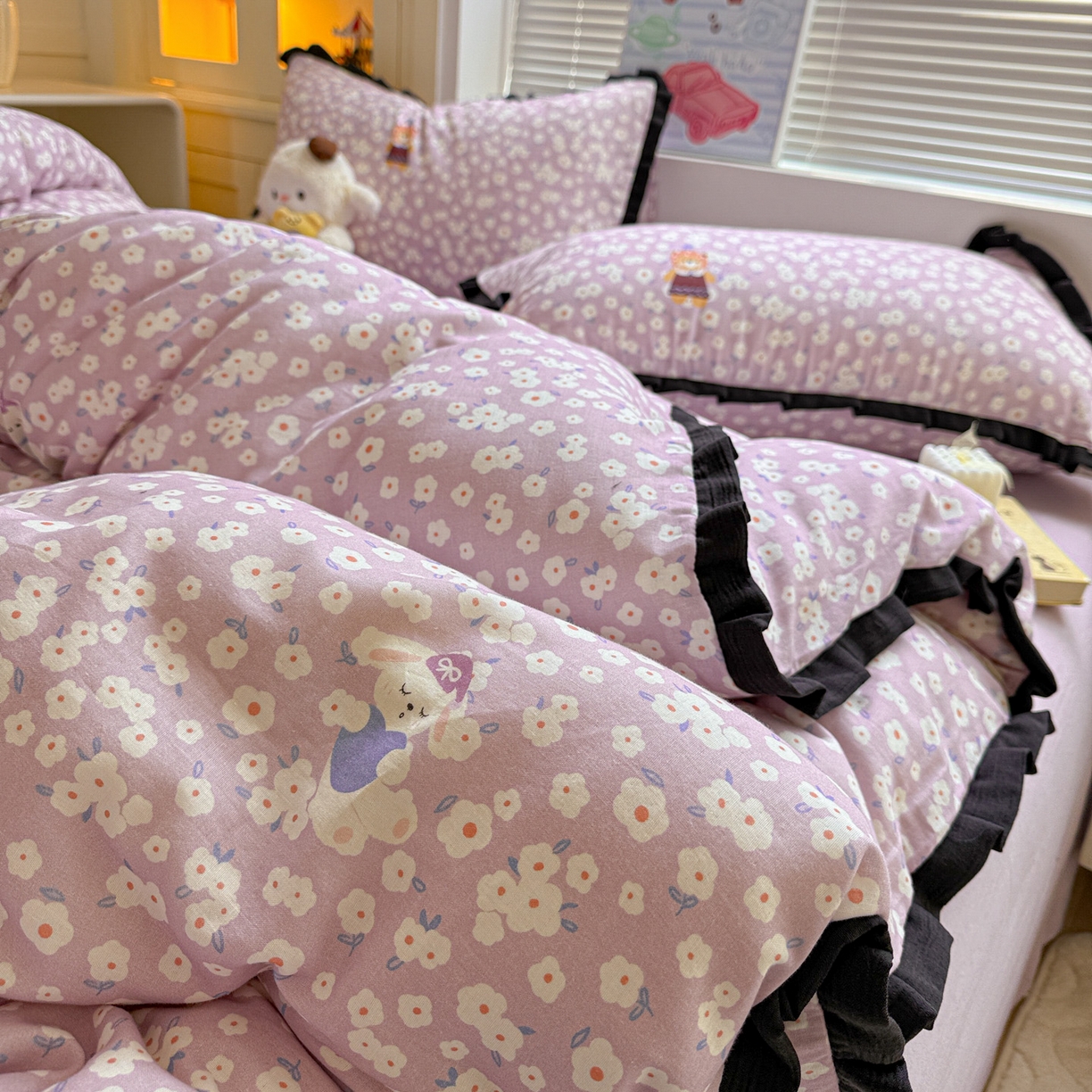 91家纺网 家纺一手货源 找家纺 喜颜 2025新款超柔水洗双层纱皱皱纱花边四件套 兔软软-紫