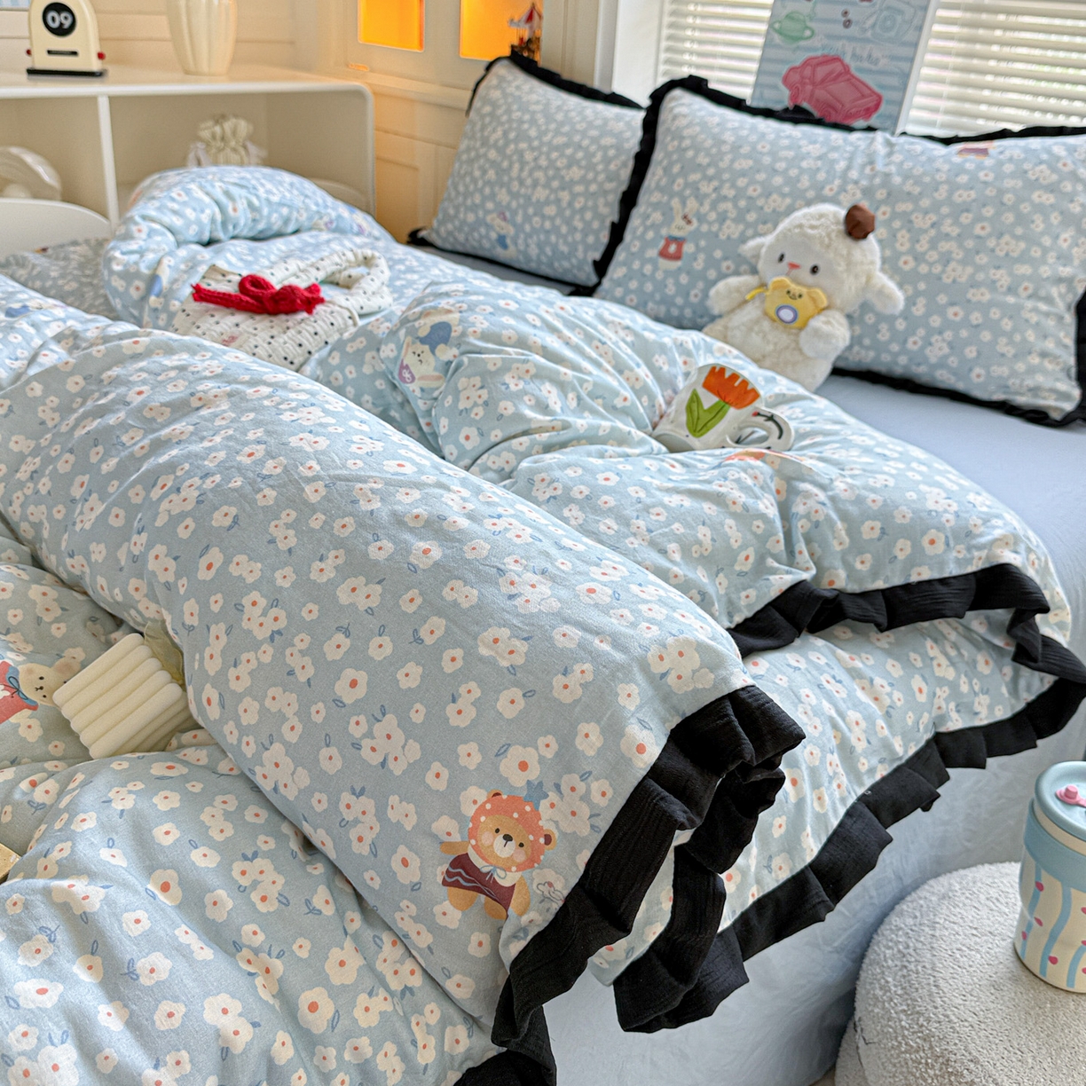 喜颜 2025新款超柔水洗双层纱皱皱纱花边四件套 兔软软-蓝