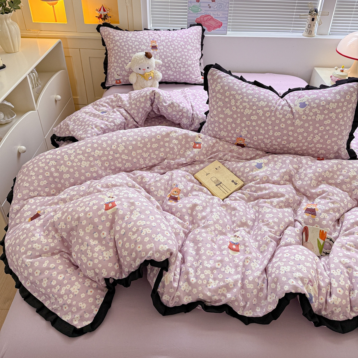 91家纺网 家纺一手货源 找家纺 喜颜 2025新款超柔水洗双层纱皱皱纱花边四件套 兔软软-紫