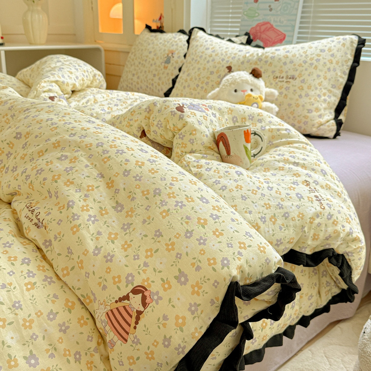 喜颜 2025新款超柔水洗双层纱皱皱纱花边四件套 春日女孩