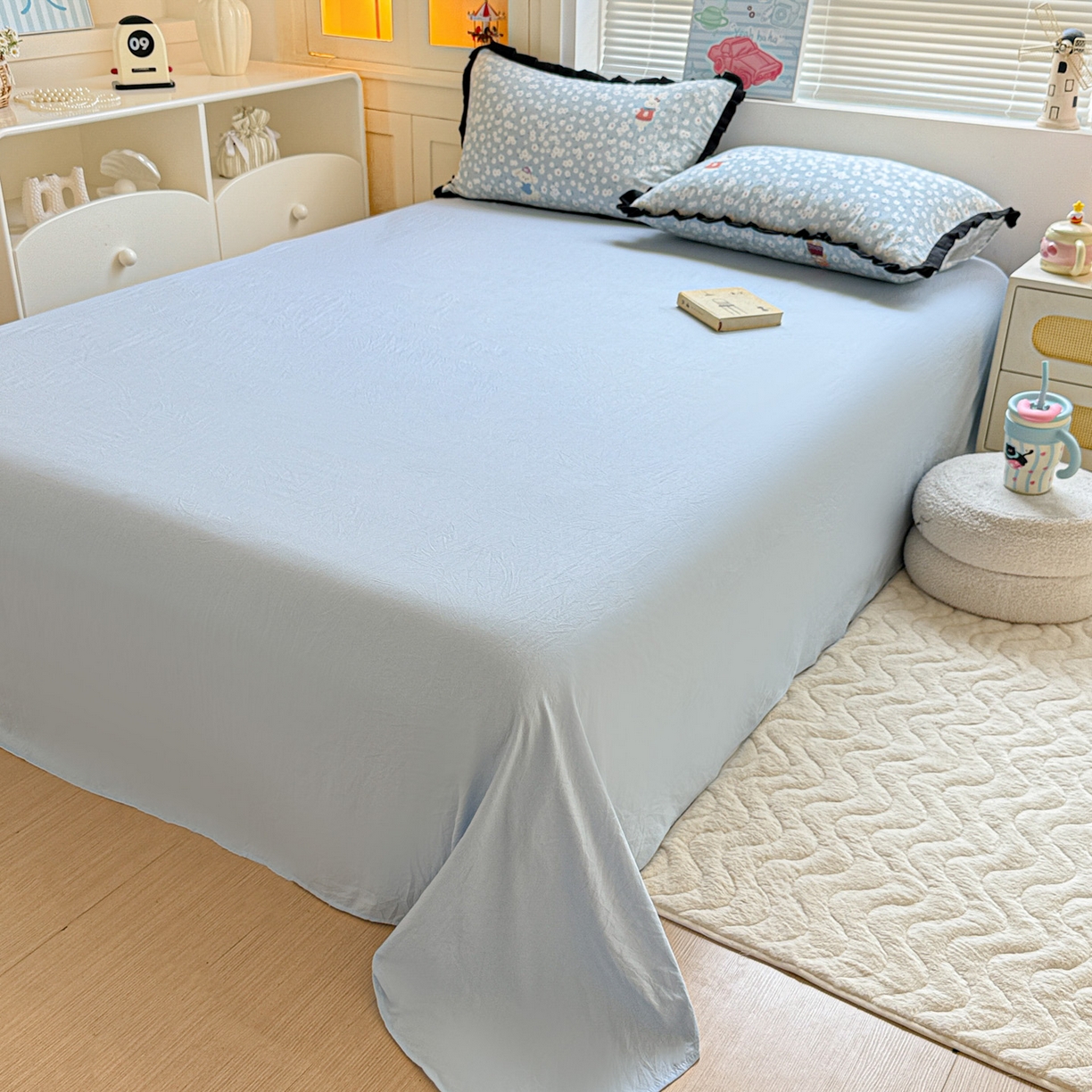 91家纺网 家纺一手货源 找家纺 喜颜 2025新款超柔水洗双层纱皱皱纱花边四件套 兔软软-蓝