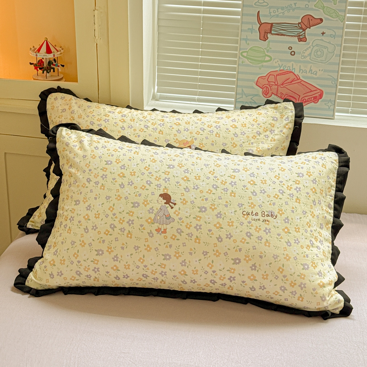 91家纺网 家纺一手货源 找家纺 喜颜 2025新款超柔水洗双层纱皱皱纱花边四件套 春日女孩