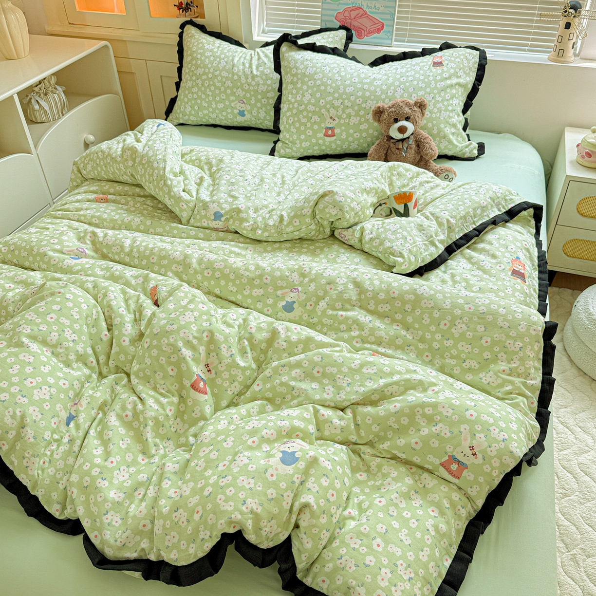 91家纺网 家纺一手货源 找家纺 喜颜 2025新款超柔水洗双层纱皱皱纱花边四件套 兔软软-绿