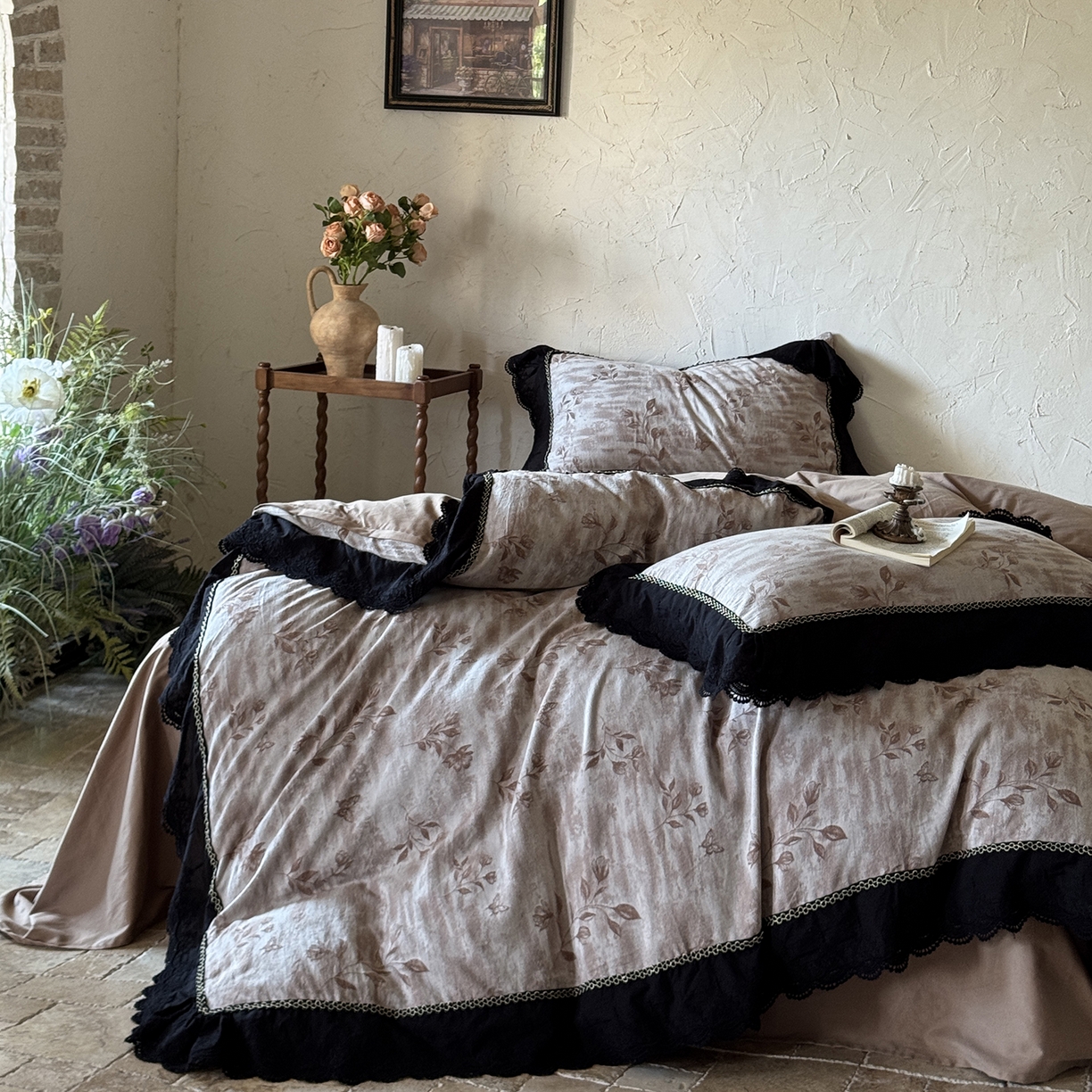 91家纺网 家纺一手货源 找家纺 淑女公社家纺 2025秋冬新款60支大提花全棉磨毛四件套-花语漫漫 花语漫漫-棕