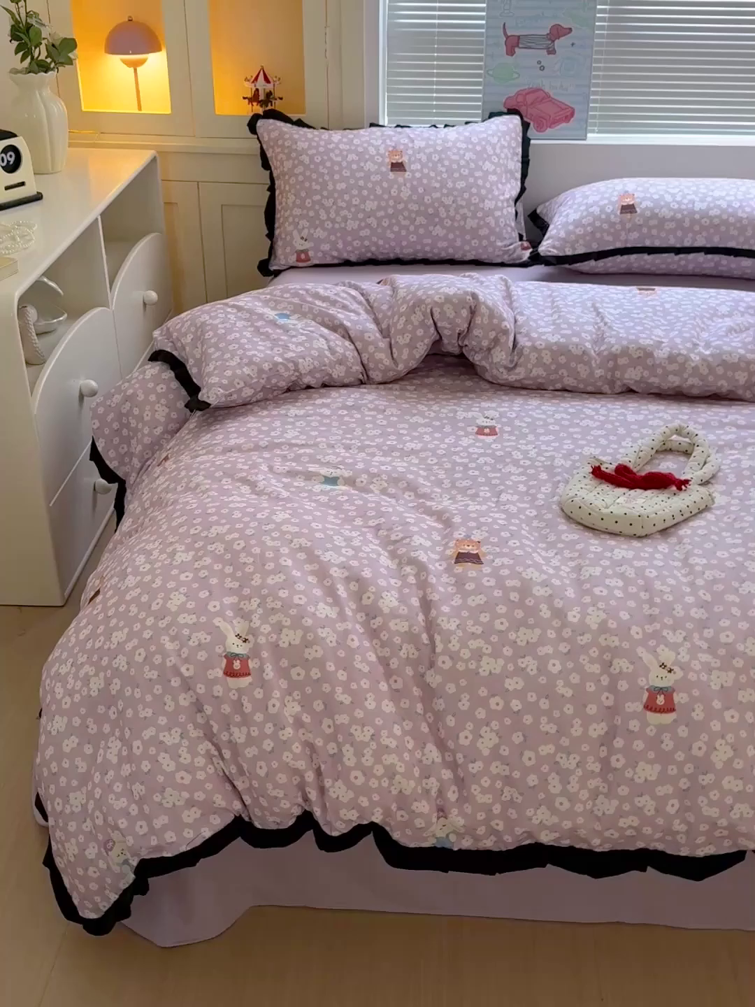 91家纺网 家纺一手货源 找家纺 喜颜 2025新款超柔水洗双层纱皱皱纱花边四件套 兔软软-紫