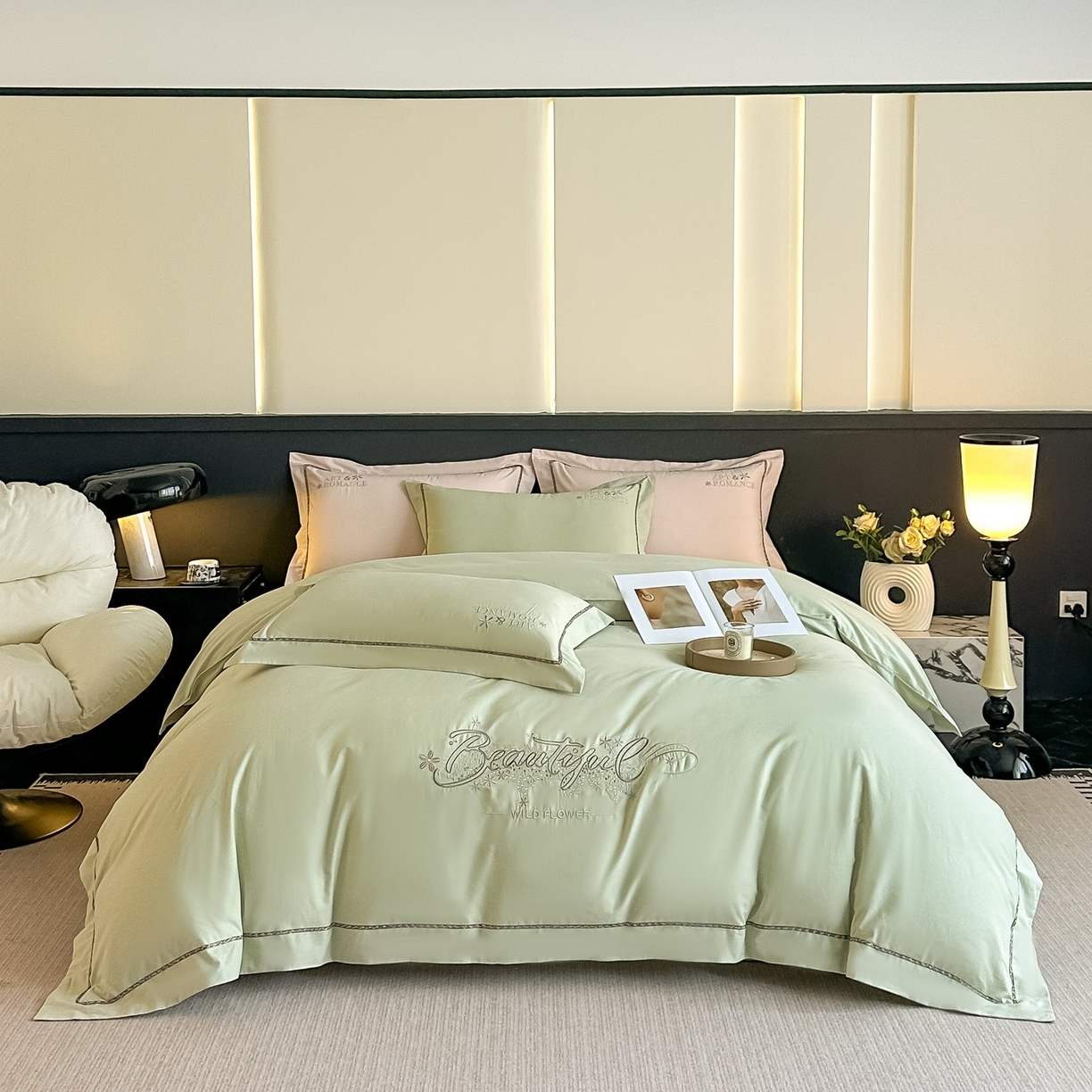 曲之慕 2025新款高端全棉纯棉长绒棉磨毛刺绣四件套【高端礼盒】 古驰绿