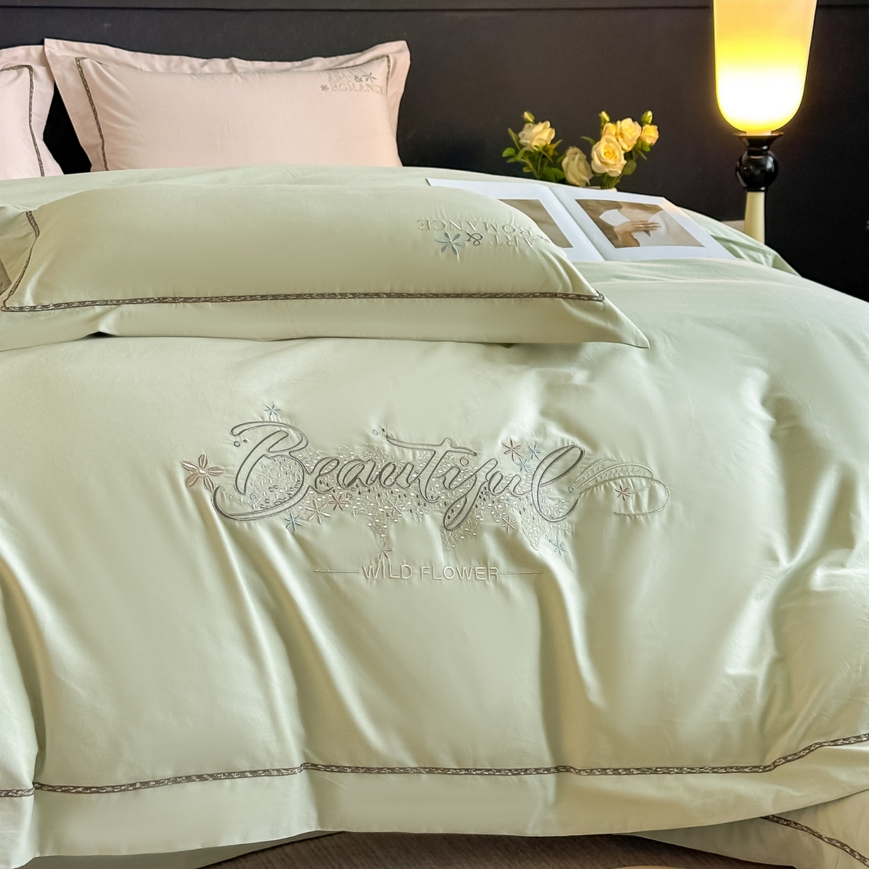 91家纺网 家纺一手货源 找家纺 曲之慕 2025新款高端全棉纯棉长绒棉磨毛刺绣四件套【高端礼盒】 古驰绿