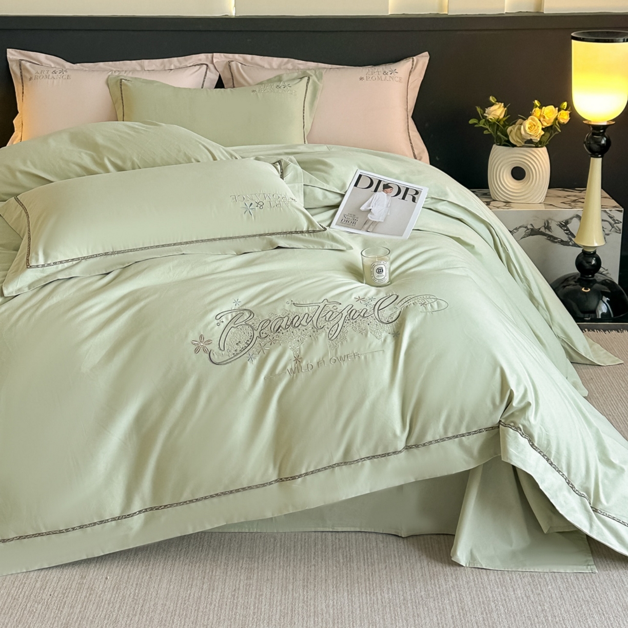 91家纺网 家纺一手货源 找家纺 曲之慕 2025新款高端全棉纯棉长绒棉磨毛刺绣四件套【高端礼盒】 古驰绿