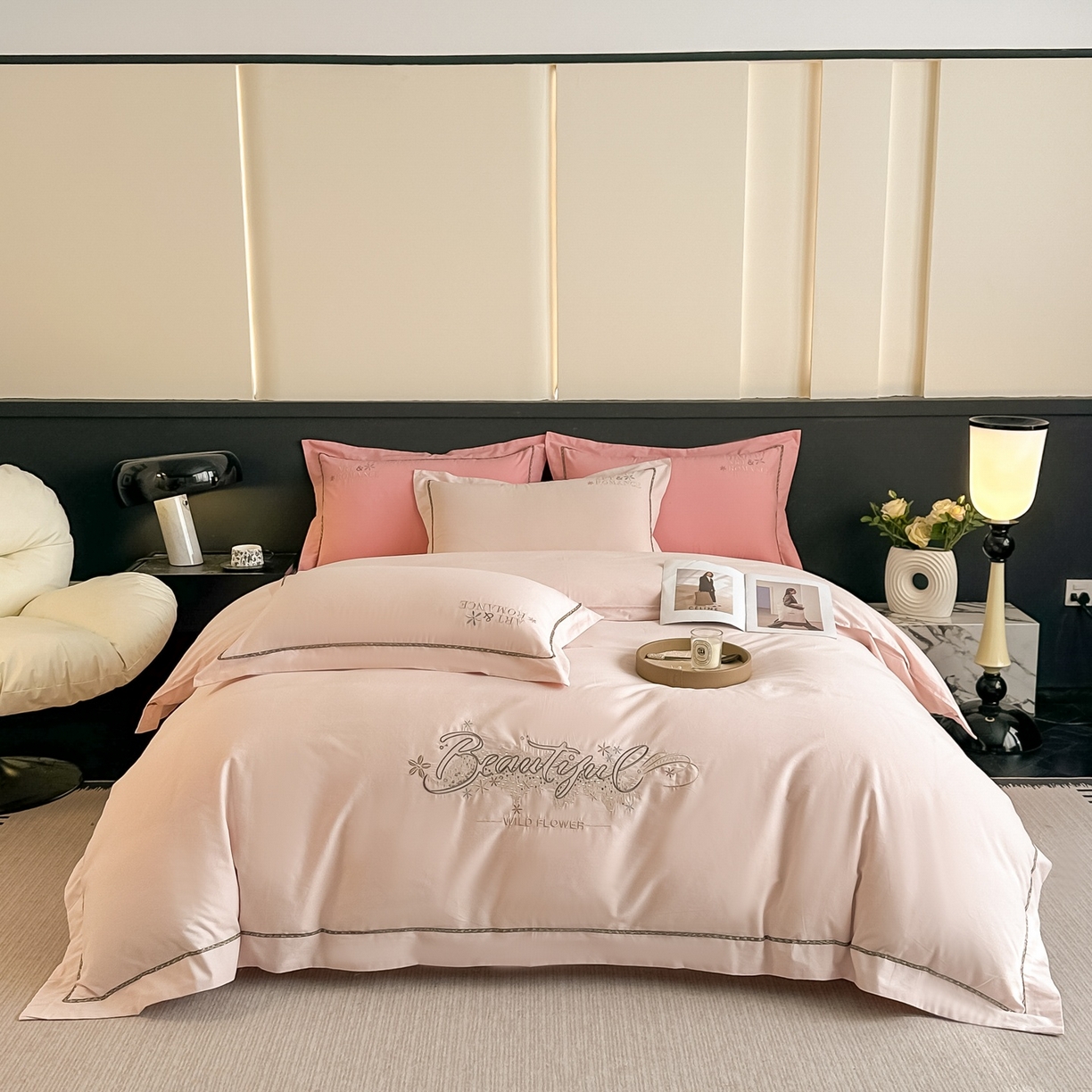 曲之慕 2025新款高端全棉纯棉长绒棉磨毛刺绣四件套【高端礼盒】 玫瑰杏