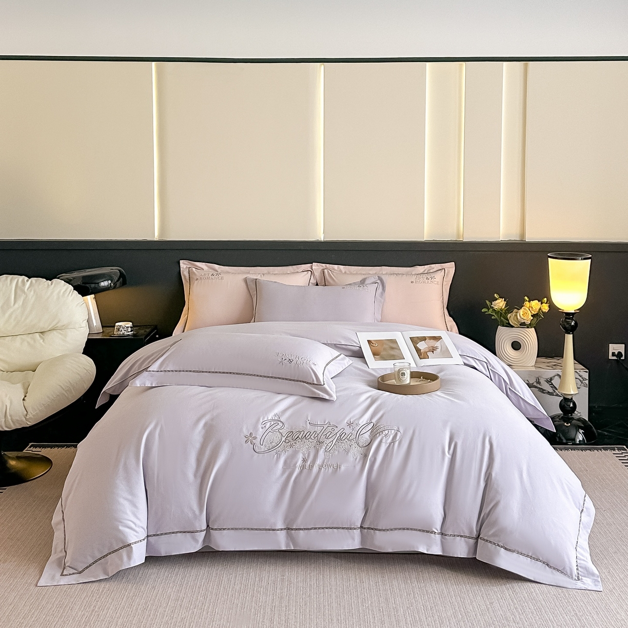 曲之慕 2025新款高端全棉纯棉长绒棉磨毛刺绣四件套【高端礼盒】 梧桐灰