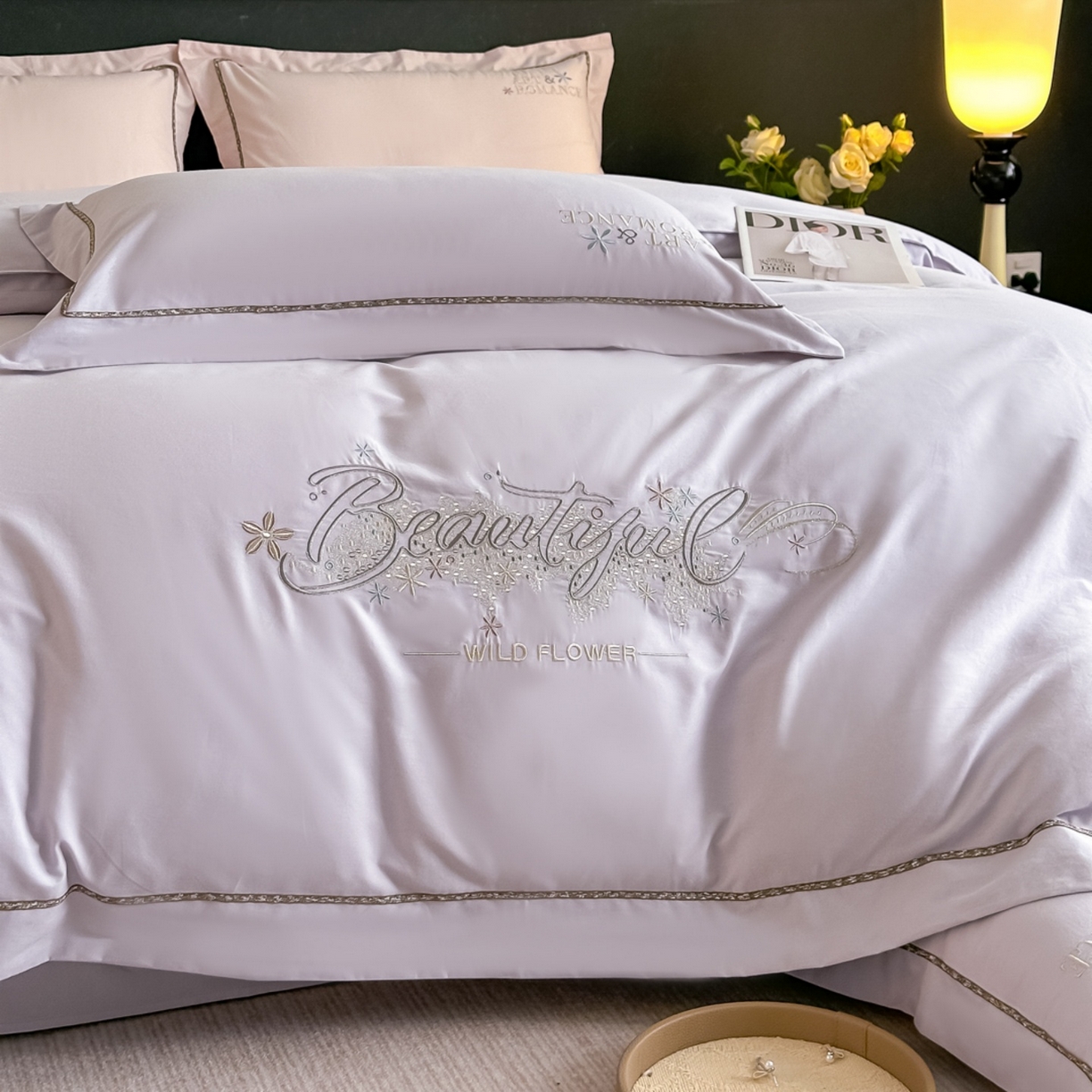 91家纺网 家纺一手货源 找家纺 曲之慕 2025新款高端全棉纯棉长绒棉磨毛刺绣四件套【高端礼盒】 梧桐灰