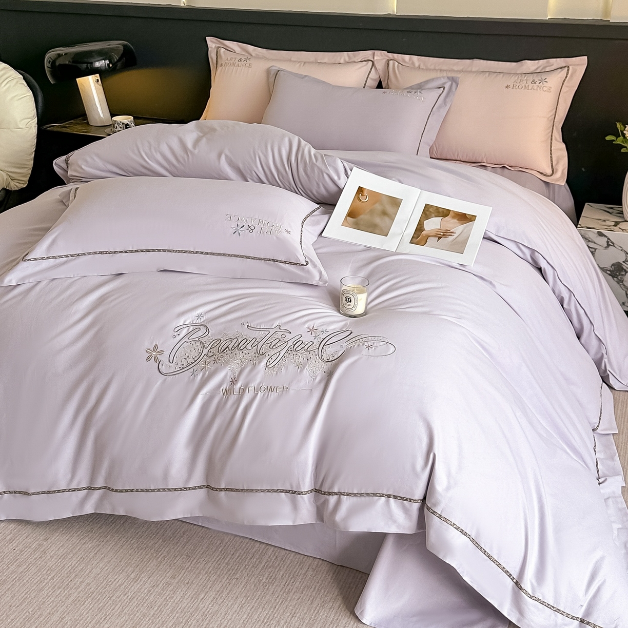 91家纺网 家纺一手货源 找家纺 曲之慕 2025新款高端全棉纯棉长绒棉磨毛刺绣四件套【高端礼盒】 梧桐灰