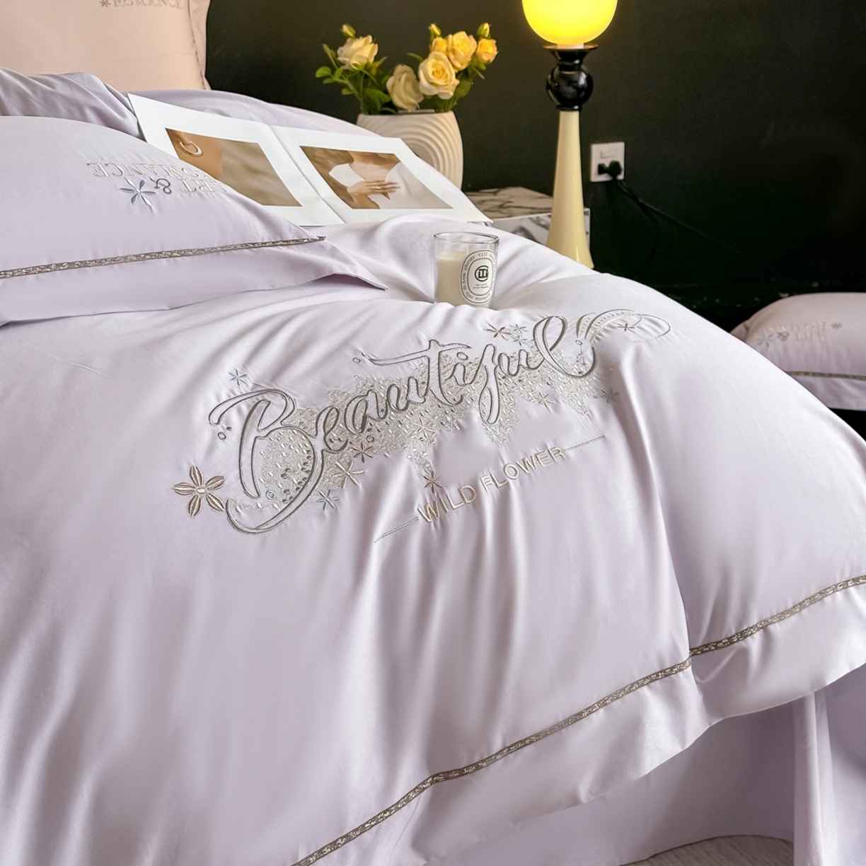 91家纺网 家纺一手货源 找家纺 曲之慕 2025新款高端全棉纯棉长绒棉磨毛刺绣四件套【高端礼盒】 梧桐灰